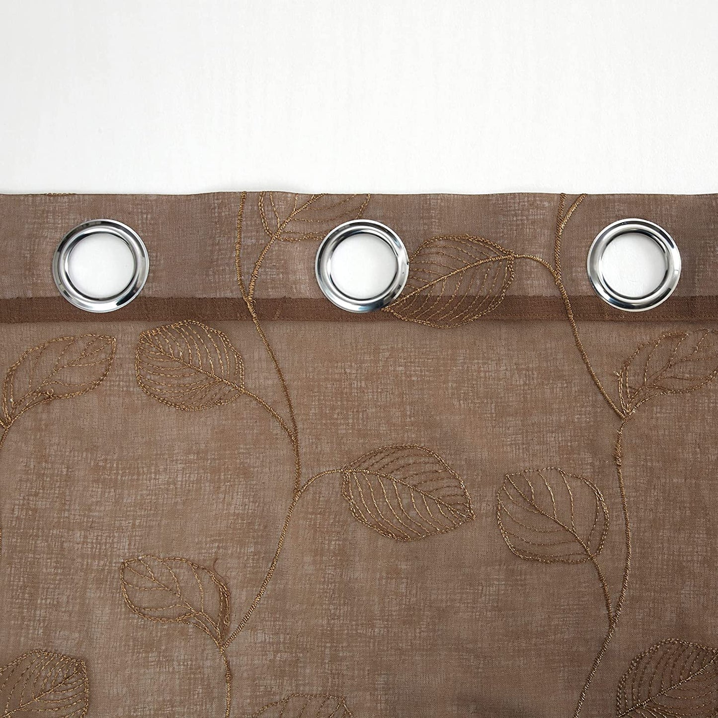 2 Pieces Brown Sheer Curtains, Embroidered Semi Sheer Grommet Floral Leaf Window Curtains & Drapes for Living Room Kitchen Bedroom Curtains
