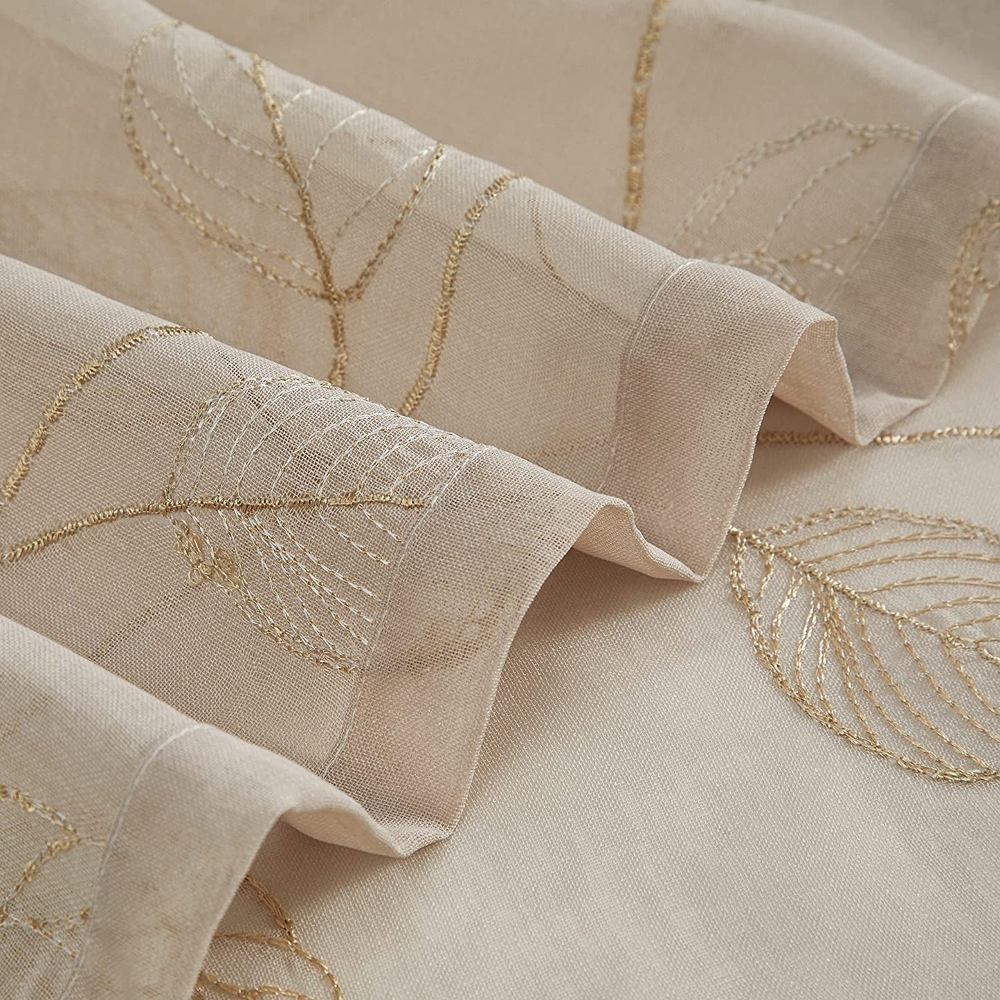 2 Pieces Beige Sheer Curtains , Embroidered Semi Sheer Grommet Floral Leaf Window Curtains & Drapes for Living Room Kitchen Bedroom Curtains