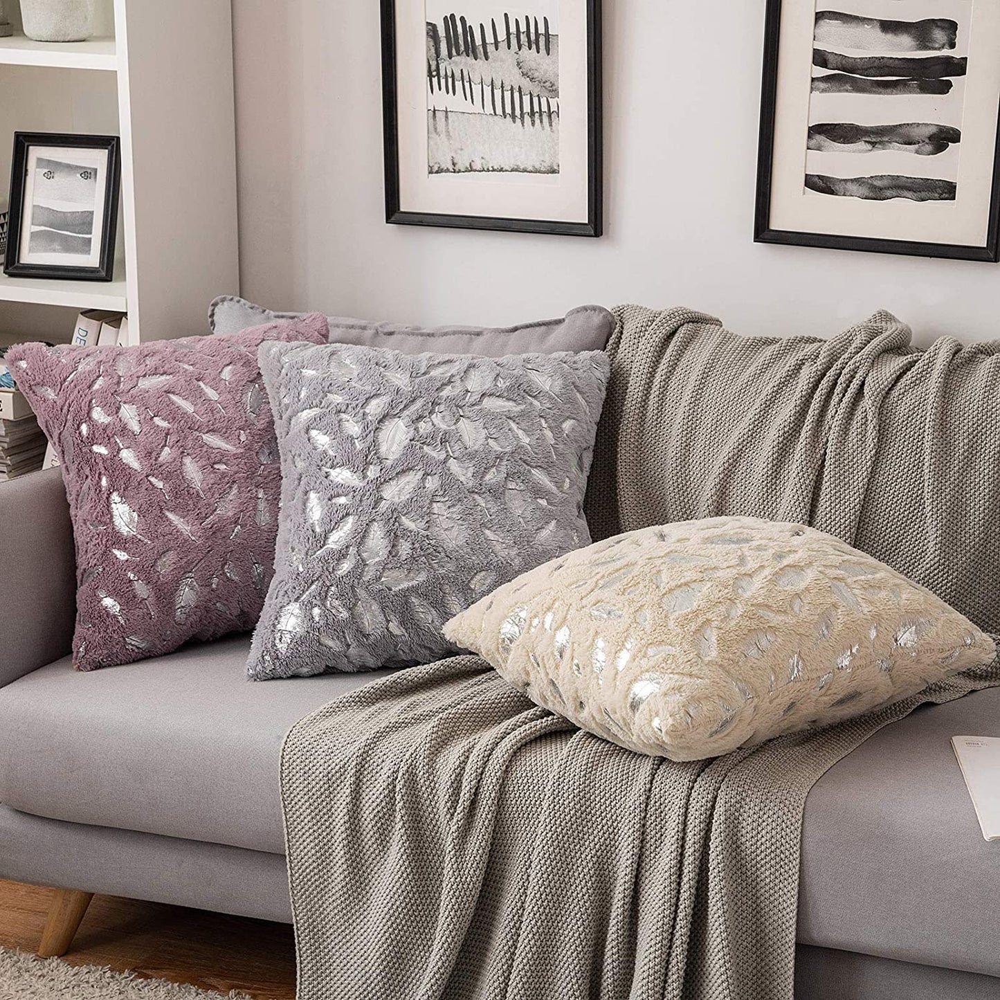 2x Square Throw Pillows Decorative Faux Fur Silver Feathers Silver Leaves Cushion Cases Soft Fluffy(Inserts + Pillow Covers, Dove)