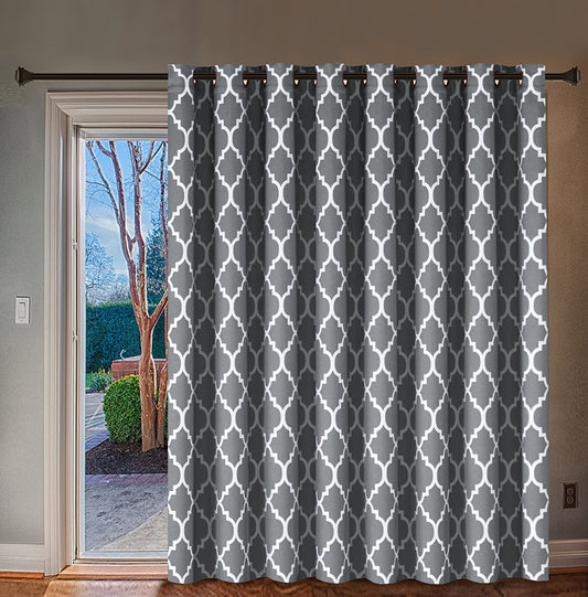 Blackout Curtain for Sliding Glass Door Moroccan Tile Quatrefoil Pattern, Grey and White