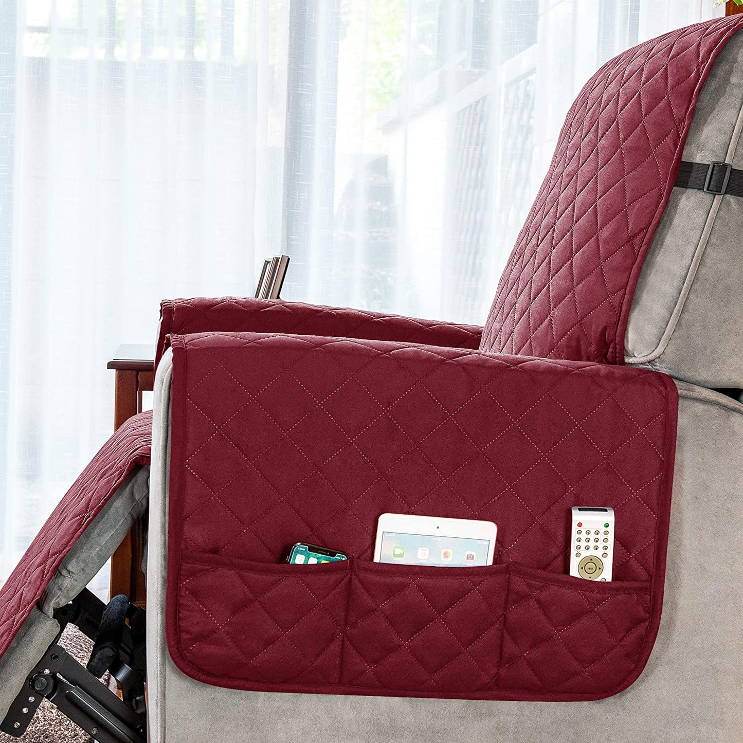 Recliner Chair Covers Fitted Recliner Sofa Slipcovers Reversible Washable Recliner Chair Protector with Elastic Adjustable Strap, Wine/White