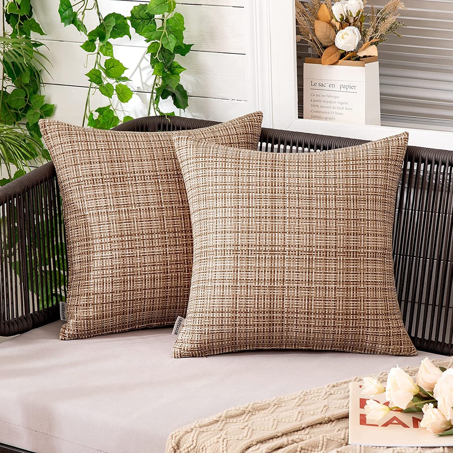 Outdoor Waterproof Throw Pillows Pack of 2, Light Tan