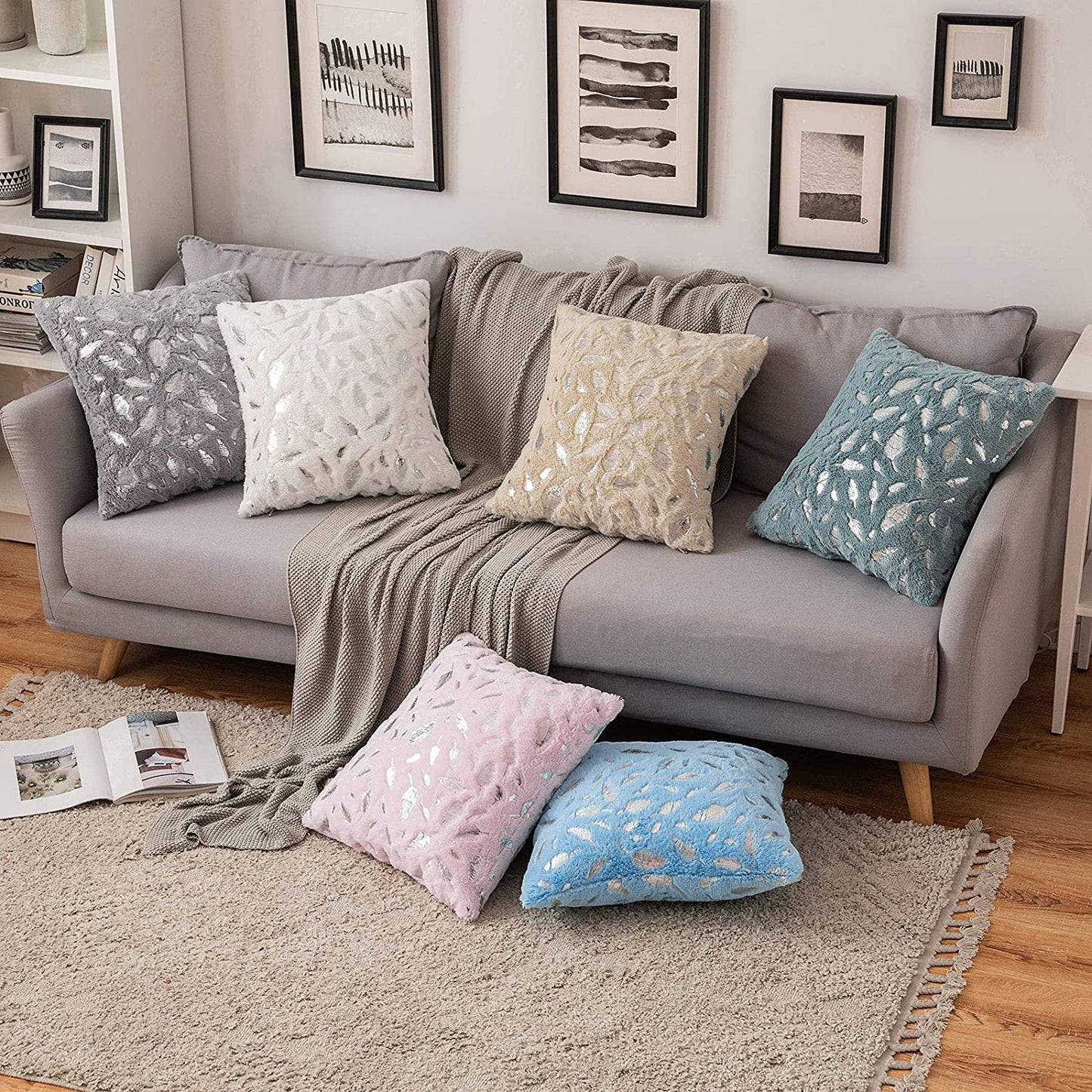 2x Square Throw Pillows Decorative Faux Fur Silver Feathers Silver Leaves Cushion Cases Soft Fluffy(Inserts + Pillow Covers, White)