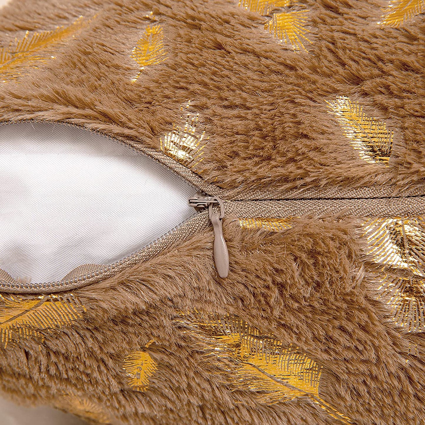 2x Square Throw Pillows Decorative Faux Fur Gold Feathers Gilding Leaves Cushion Cases Soft Fluffy(Inserts + Pillow Covers,Brown)