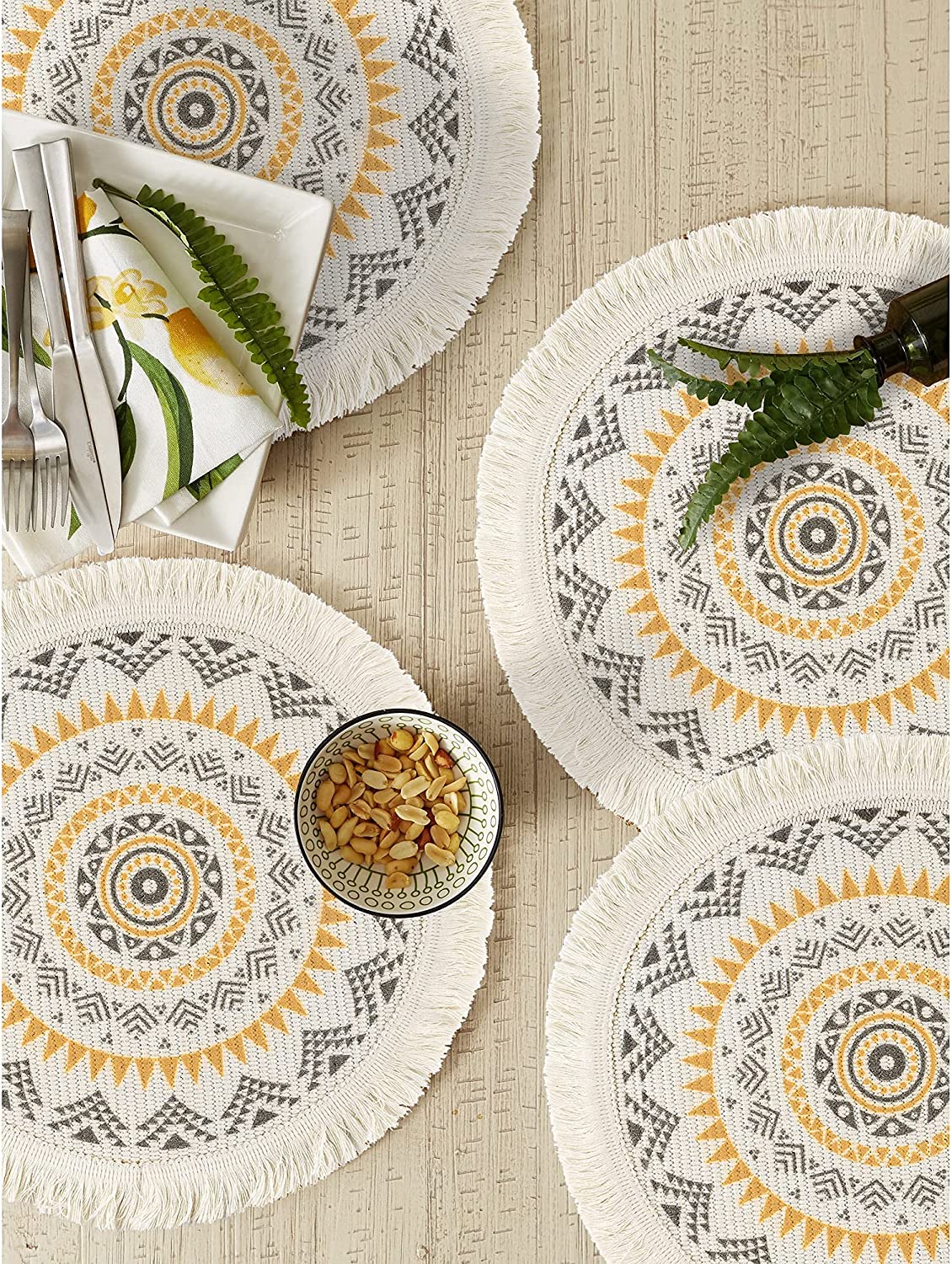 Round Placemats Set of 4/6/8, Boho Cotton Woven Macrame Tassels Table Mats Washable Heat Resistant Neutral Place Mat  (13 Inches,Yellow&brown)