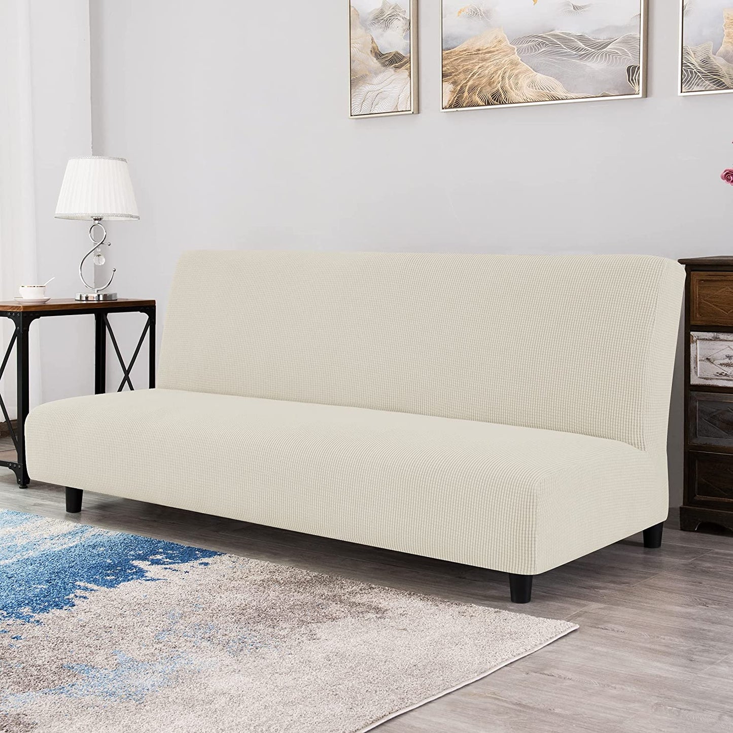 Stretch Armless Sofa Slipcover Futon Cover with Elastic Bottom, Ivory White