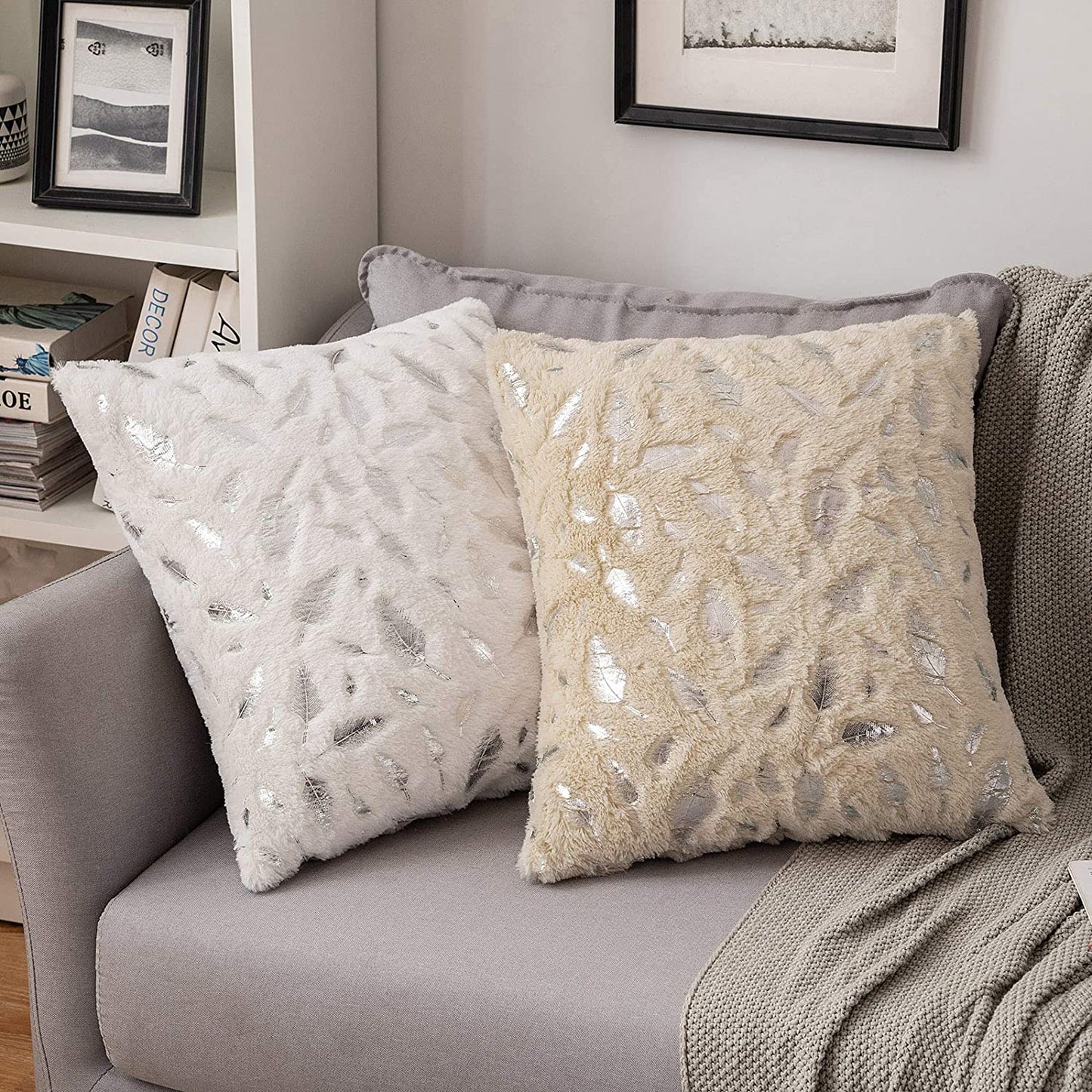 2x Square Throw Pillows Decorative Faux Fur Silver Feathers Silver Leaves Cushion Cases Soft Fluffy(Inserts + Pillow Covers, White)