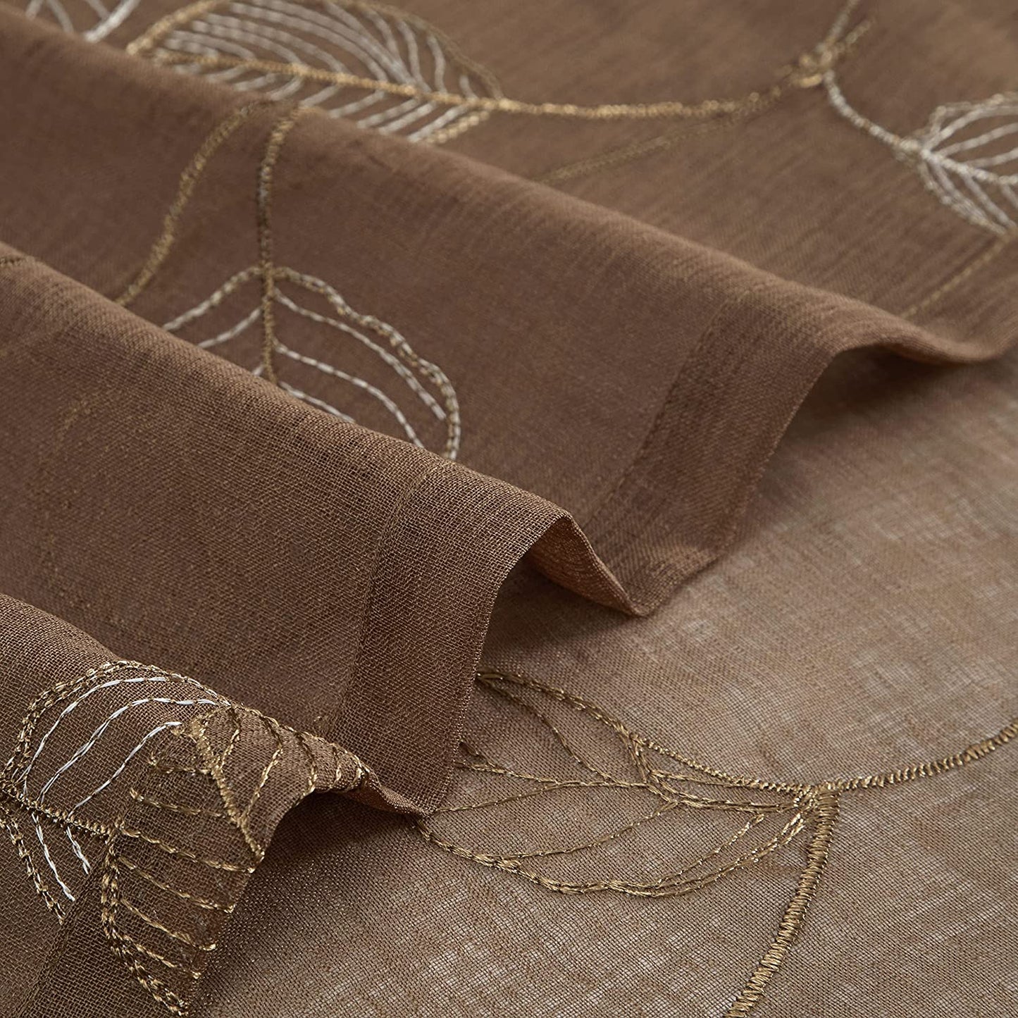 2 Pieces Brown Sheer Curtains, Embroidered Semi Sheer Grommet Floral Leaf Window Curtains & Drapes for Living Room Kitchen Bedroom Curtains