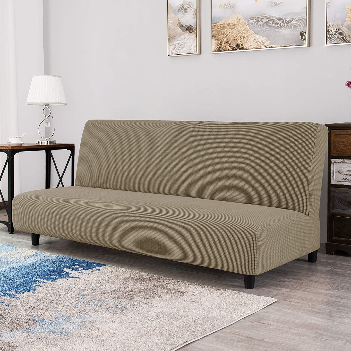 Stretch Armless Sofa Slipcover Futon Cover with Elastic Bottom, Sand