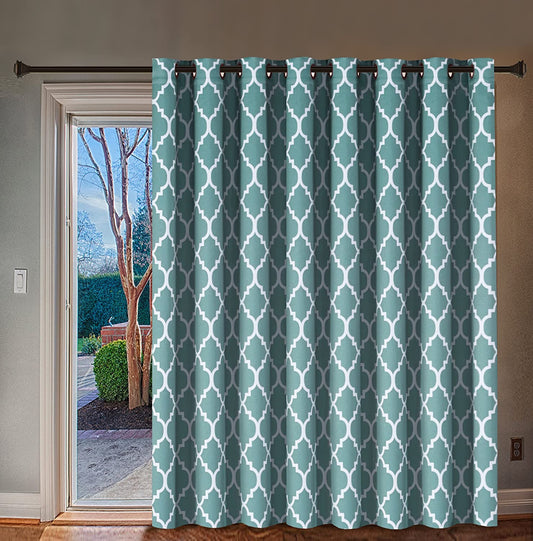 Extra Wide Curtain for Sliding Glass Door Moroccan Tile Quatrefoil Pattern, Aqua and White