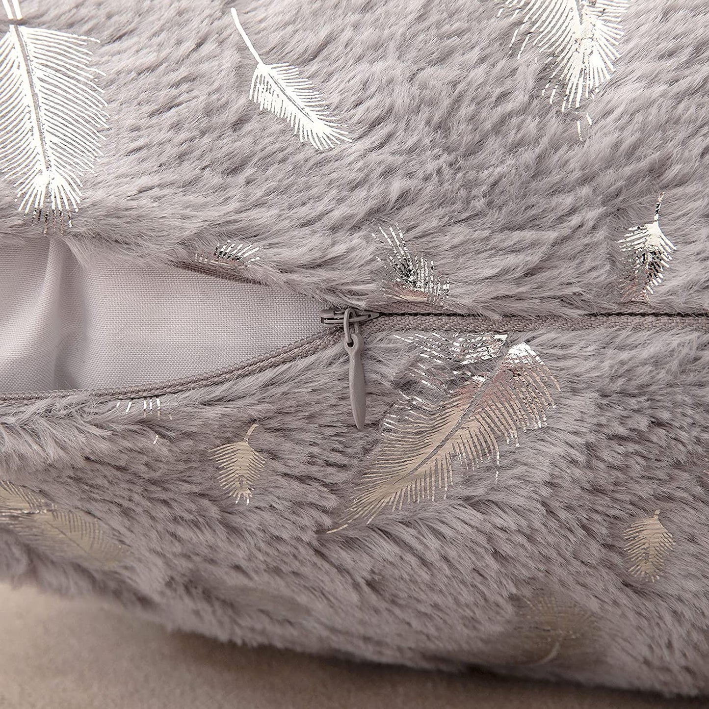 2x Square Throw Pillows Decorative Faux Fur Silver Feathers Silver Leaves Cushion Cases Soft Fluffy(Inserts + Pillow Covers, Dove)