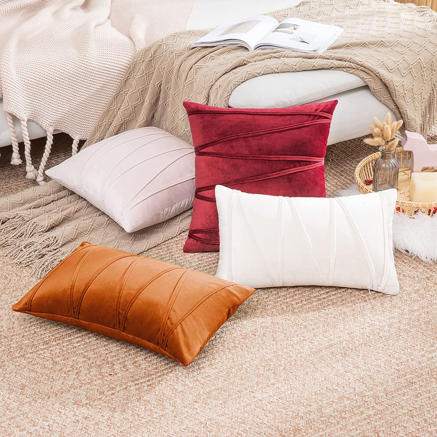 2x Velvet Throw Pillows for Couch Bed Sofa (Inserts + Pillow Covers,  Orange)