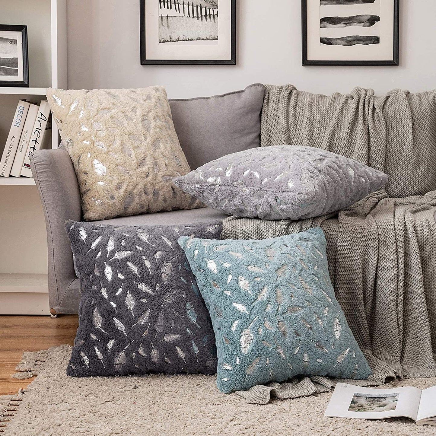 2x Square Throw Pillows Decorative Faux Fur Silver Feathers Silver Leaves Cushion Cases Soft Fluffy(Inserts + Pillow Covers, Grey)