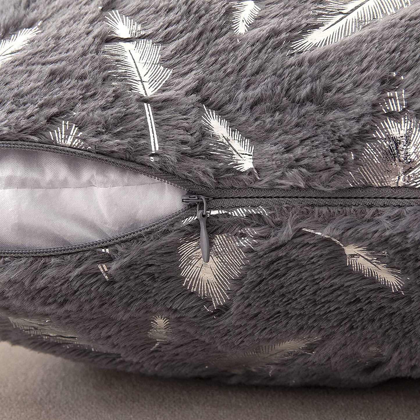 2x Square Throw Pillows Decorative Faux Fur Silver Feathers Silver Leaves Cushion Cases Soft Fluffy(Inserts + Pillow Covers, Grey)