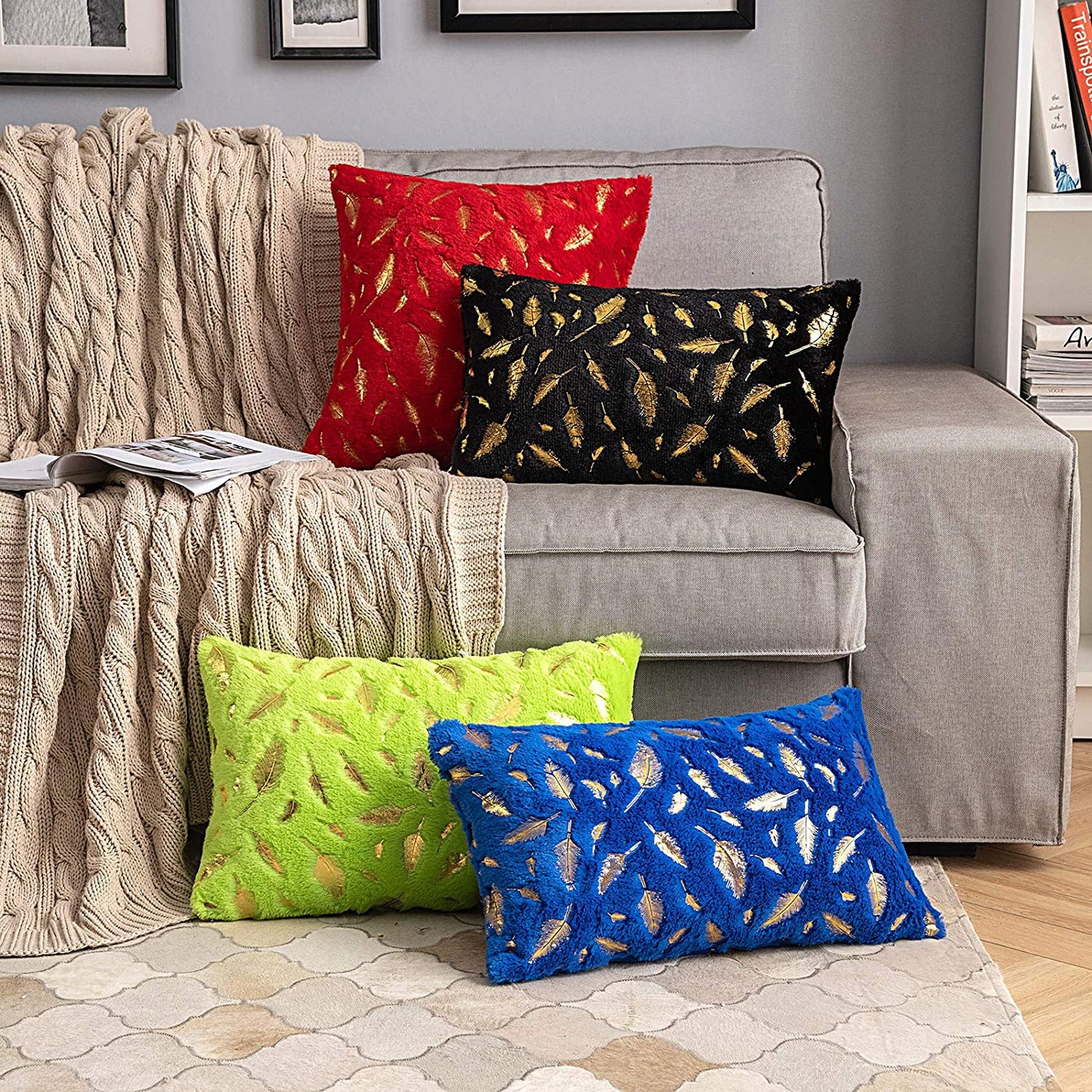 2x Square Throw Pillows Decorative Faux Fur Gold Feathers Gilding Leaves Cushion Cases Soft Fluffy(Inserts + Pillow Covers, Red)