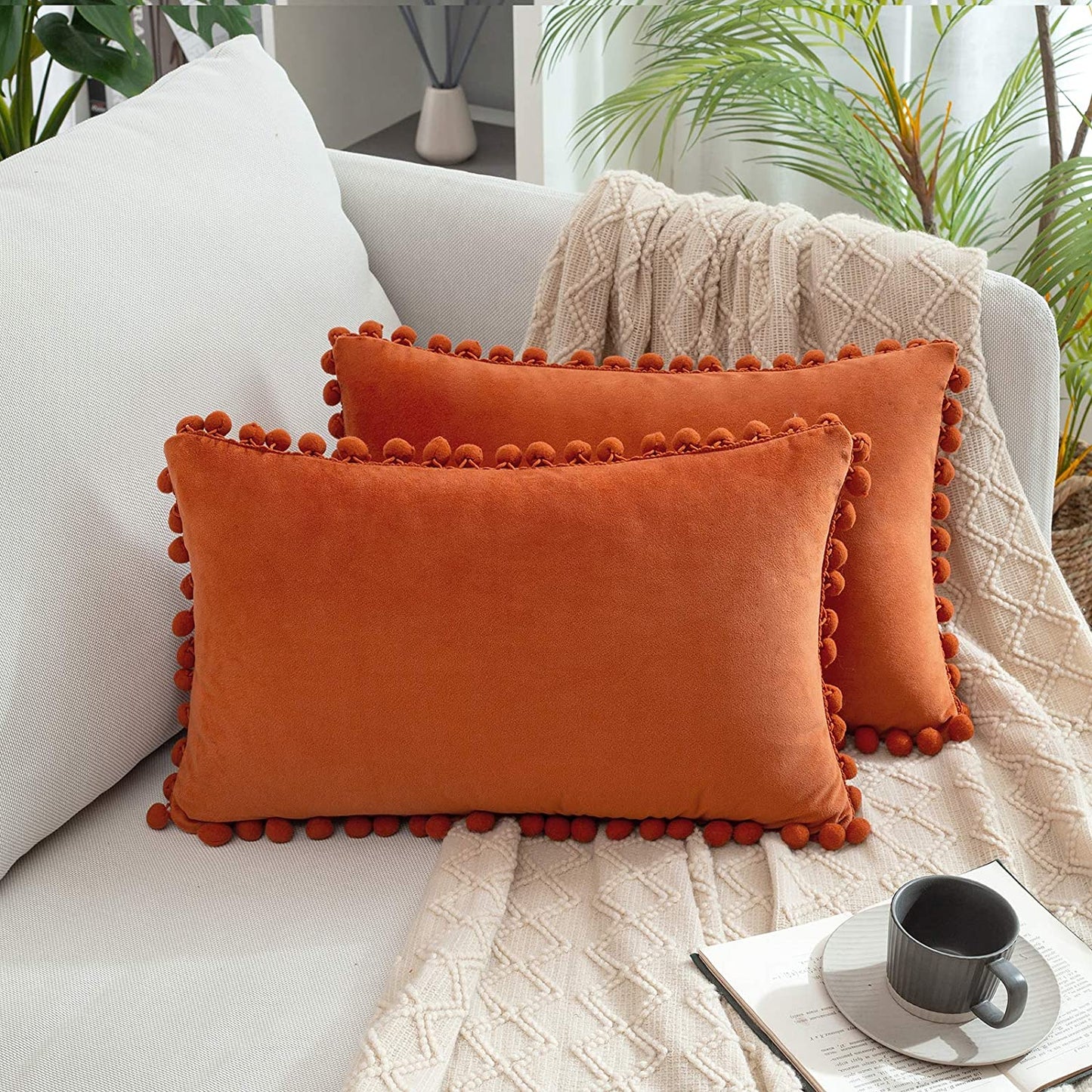 2x  Square Throw Pillow with Cute Pom-poms for Couch Sofa Bedroom Decor (Inserts + Pillow Covers, Orange)