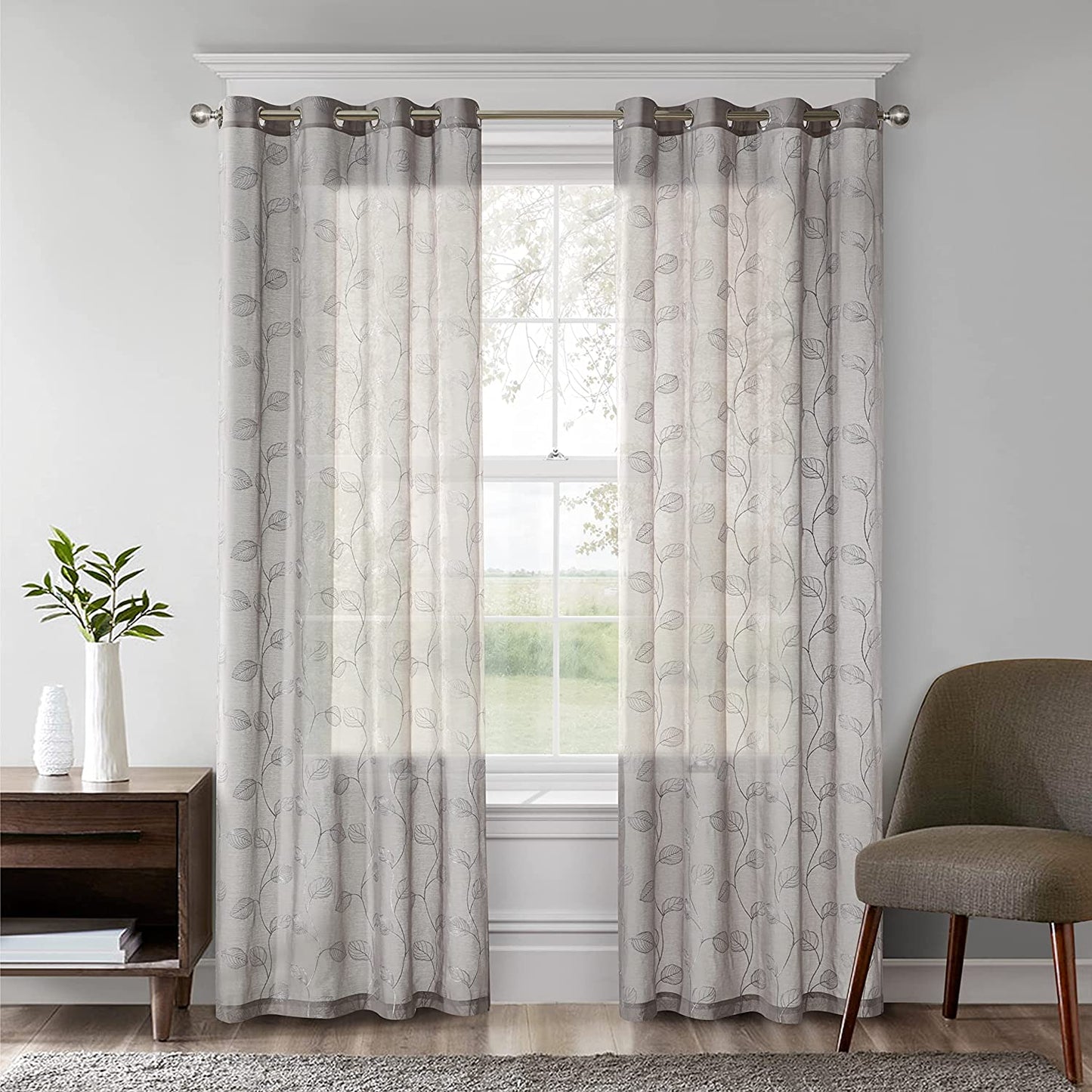 2 Pieces Grey Sheer Curtains , Embroidered Semi Sheer Grommet Floral Leaf Window Curtains & Drapes for Living Room Kitchen Bedroom Curtains