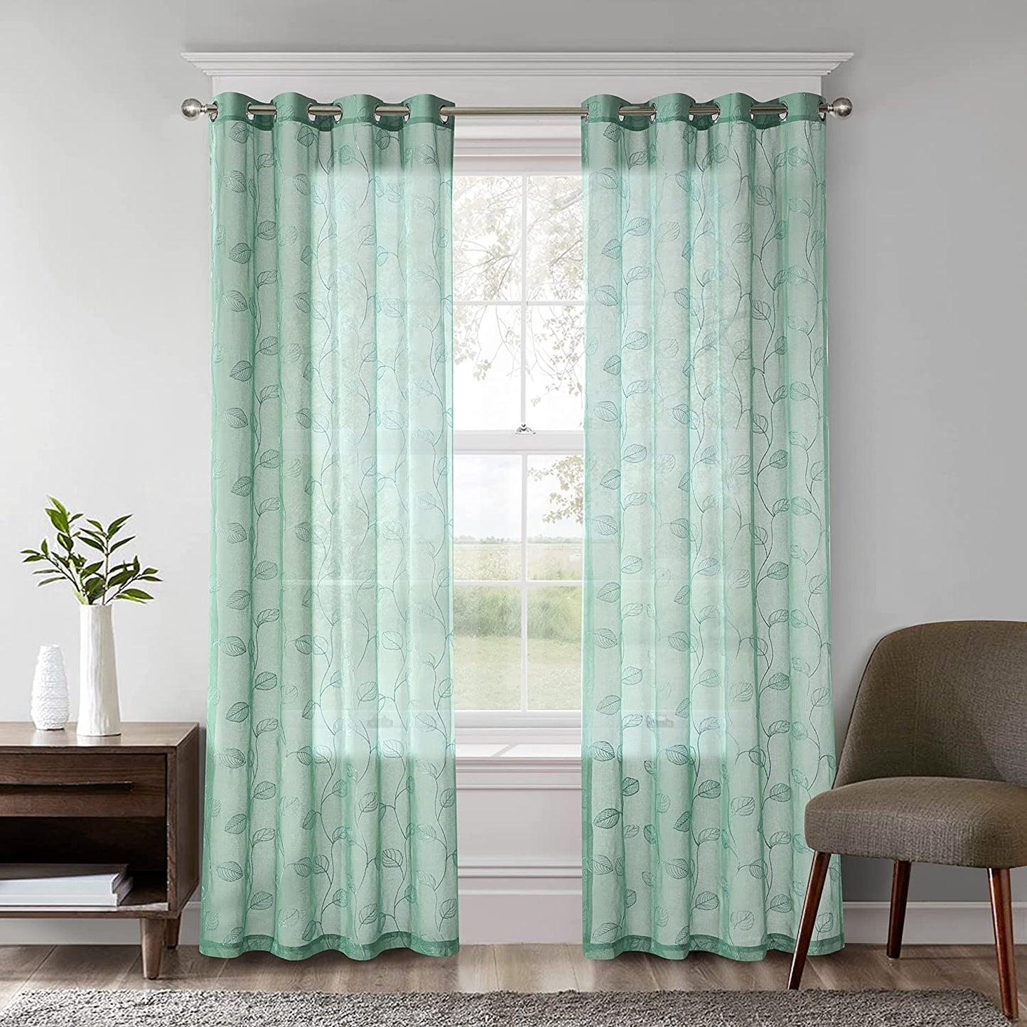 2 Pieces Tuequoise Blue Sheer Curtains, Embroidered Semi Sheer Grommet Floral Leaf Window Curtains & Drapes for Living Room Kitchen Bedroom Curtains