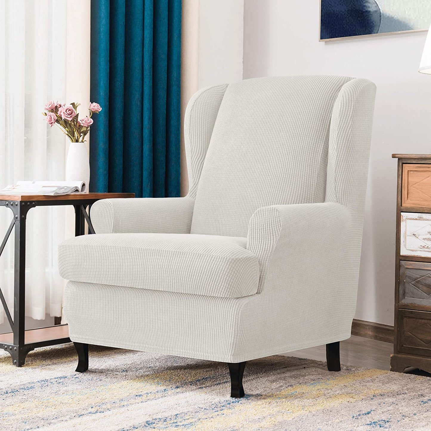 Stretch Wing Chair Sofa Slipcover 2-Piece with Elastic Bottom, Ivory White