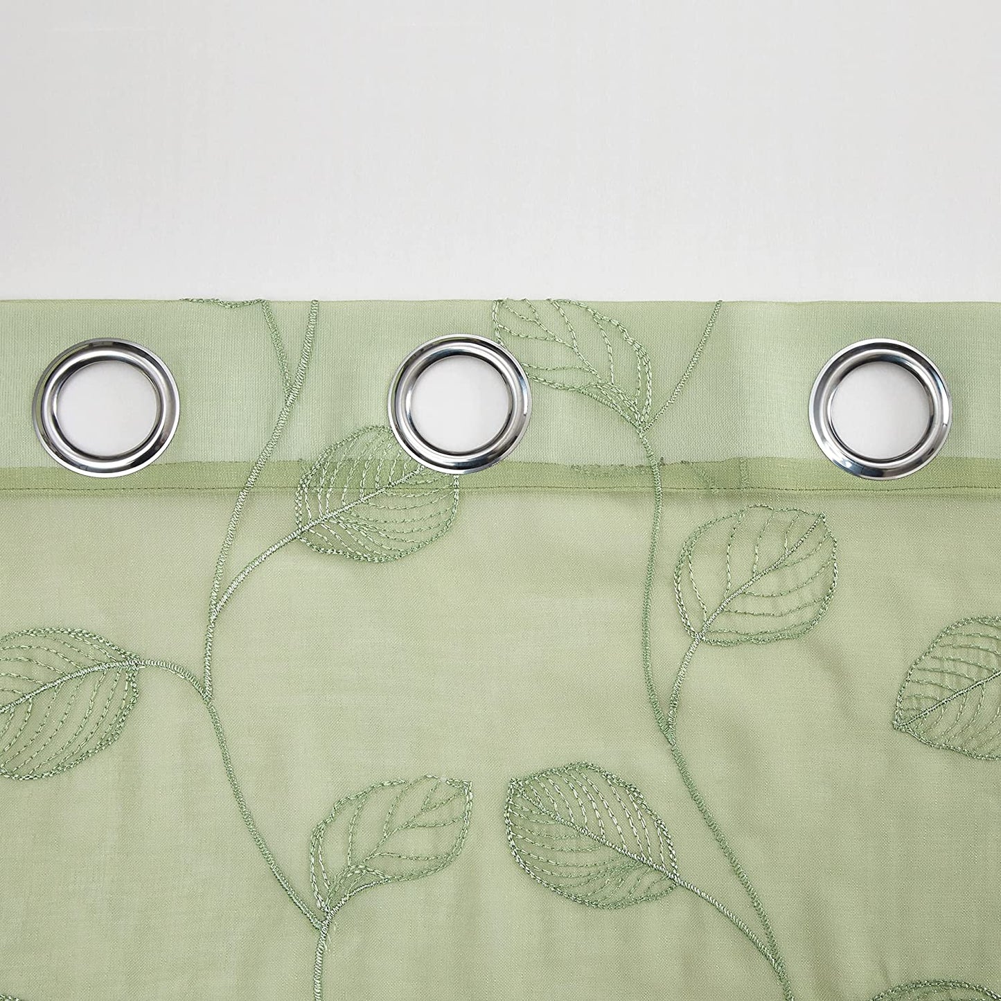 2 Pieces Green Sheer Curtains, Embroidered Semi Sheer Grommet Floral Leaf Window Curtains & Drapes for Living Room Kitchen Bedroom Curtains