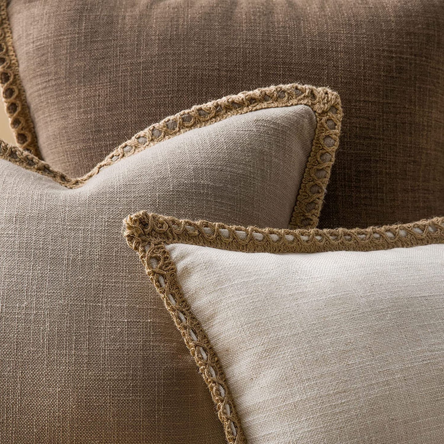 Pack of 2 Farmhouse Decorative Throw Pillow Covers Burlap Linen Trimmed Tailored Edges ,for Couch Sofa Living Room Decor - Coffee