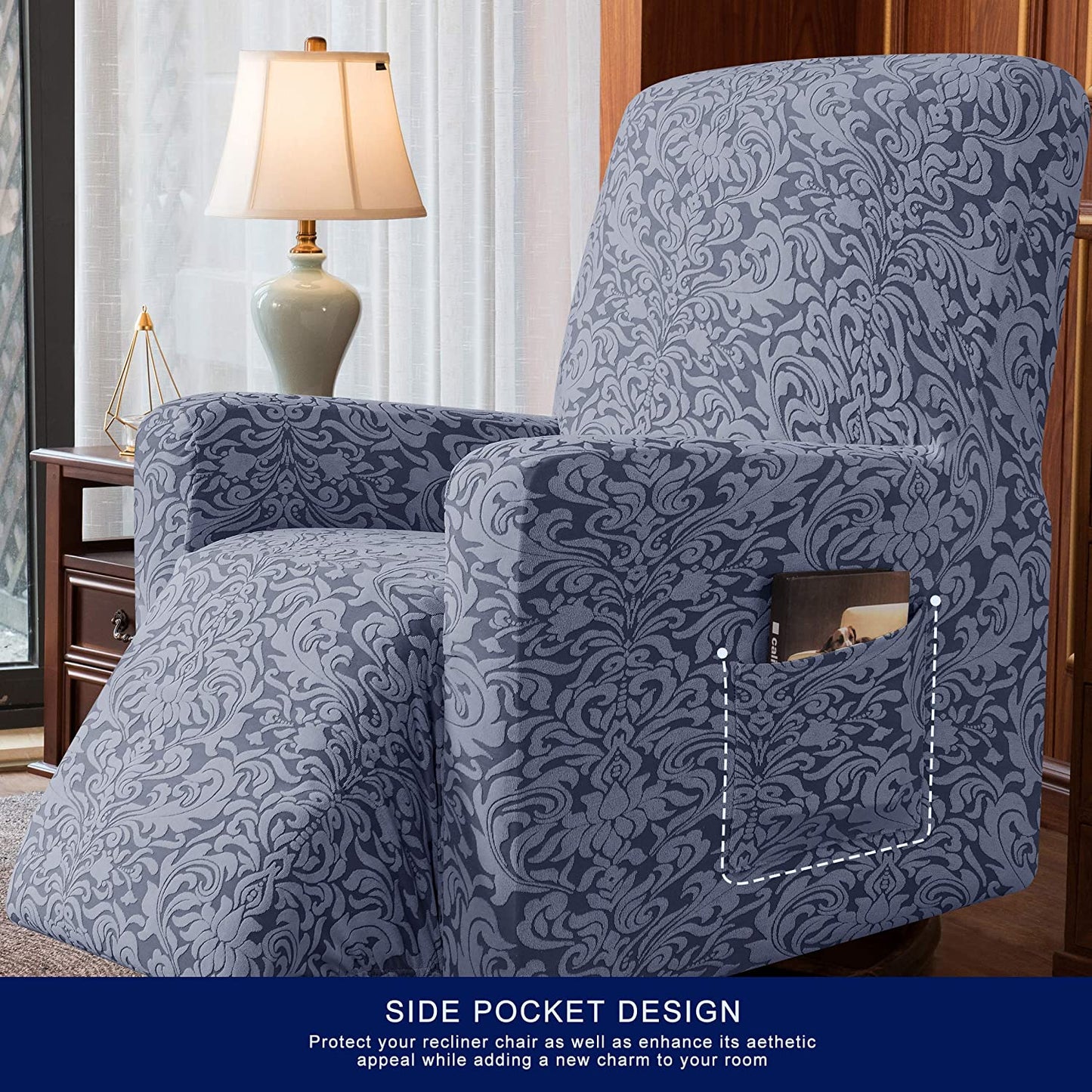 Stretch Rocking Recliner Silpcover with Side Pocket, Grayish Blue