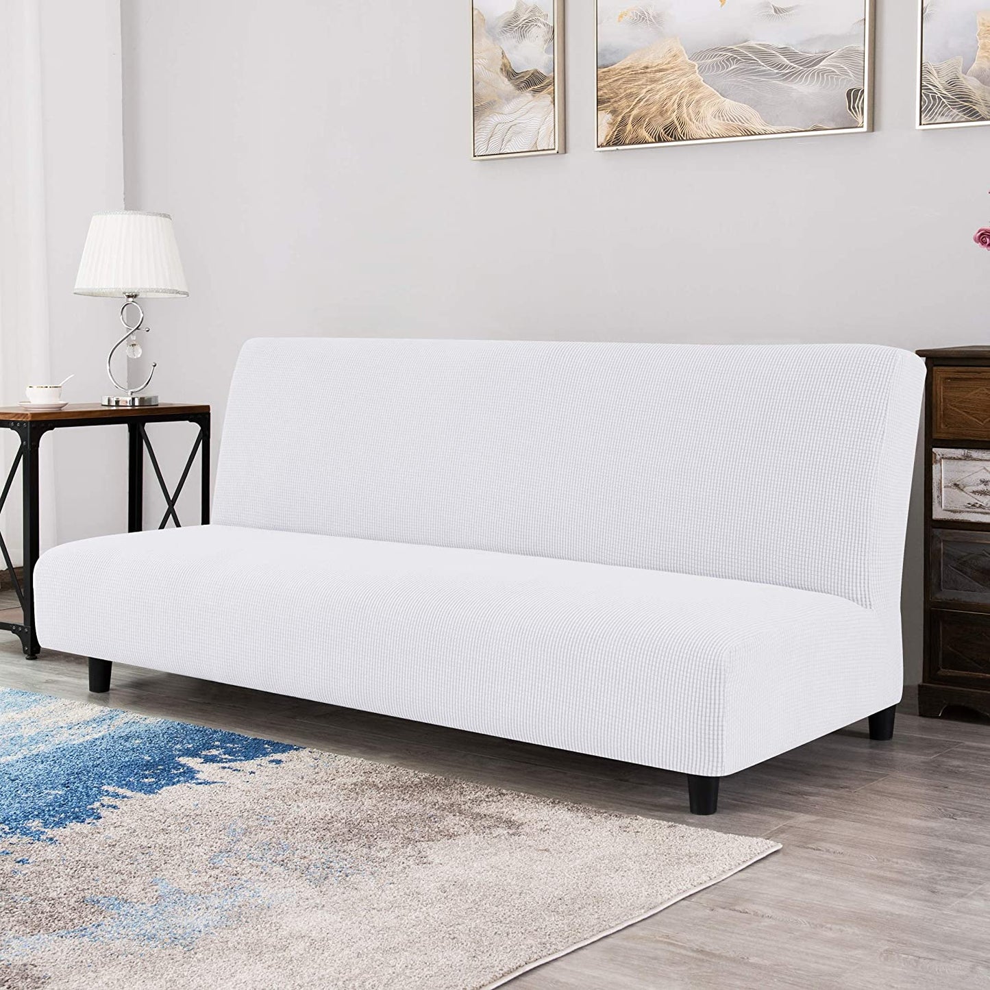 Stretch Armless Sofa Slipcover Futon Cover with Elastic Bottom, White
