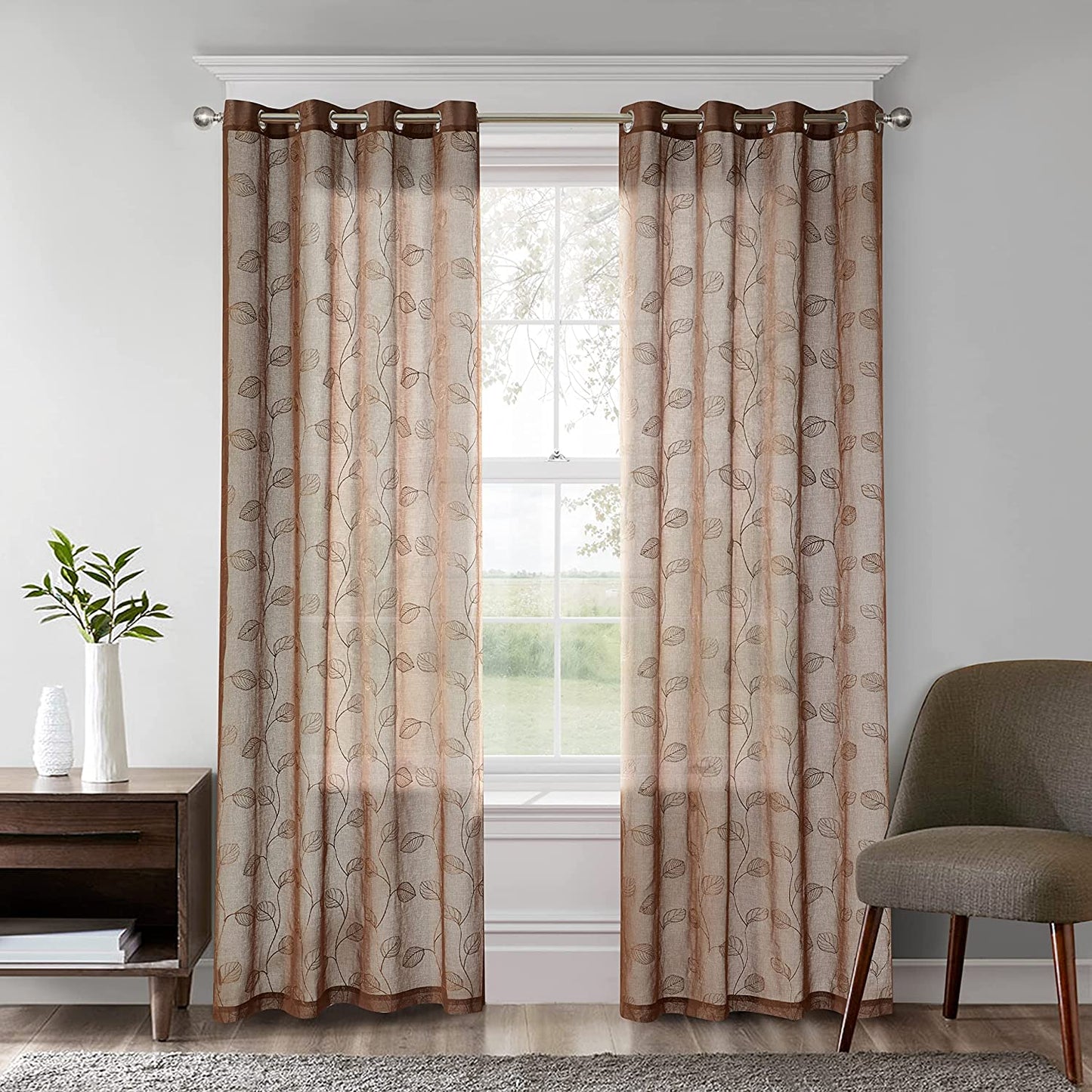 2 Pieces Brown Sheer Curtains, Embroidered Semi Sheer Grommet Floral Leaf Window Curtains & Drapes for Living Room Kitchen Bedroom Curtains