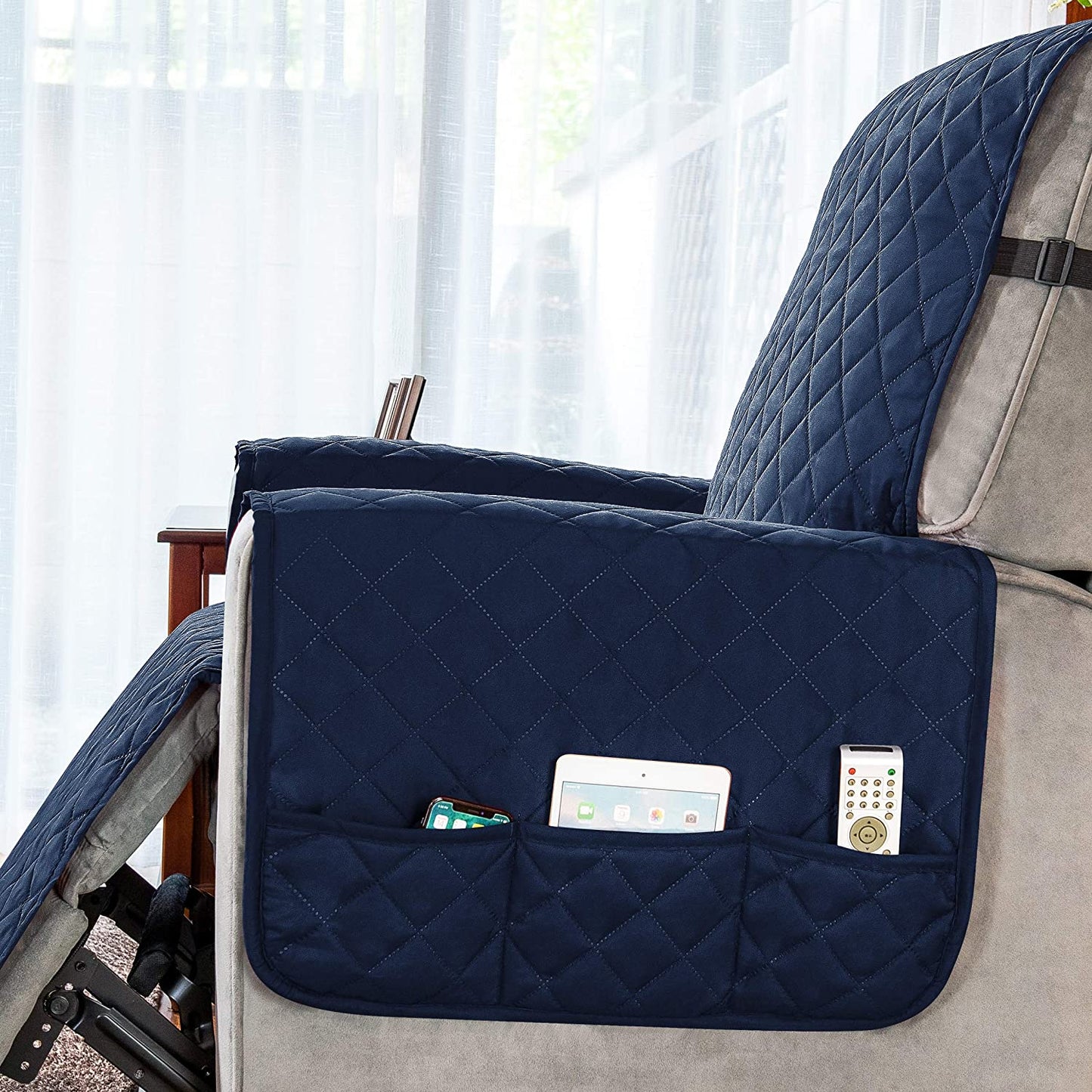 Recliner Chair Covers Fitted Recliner Sofa Slipcovers Reversible Washable Recliner Chair Protector with Elastic Adjustable Strap, Navy/White