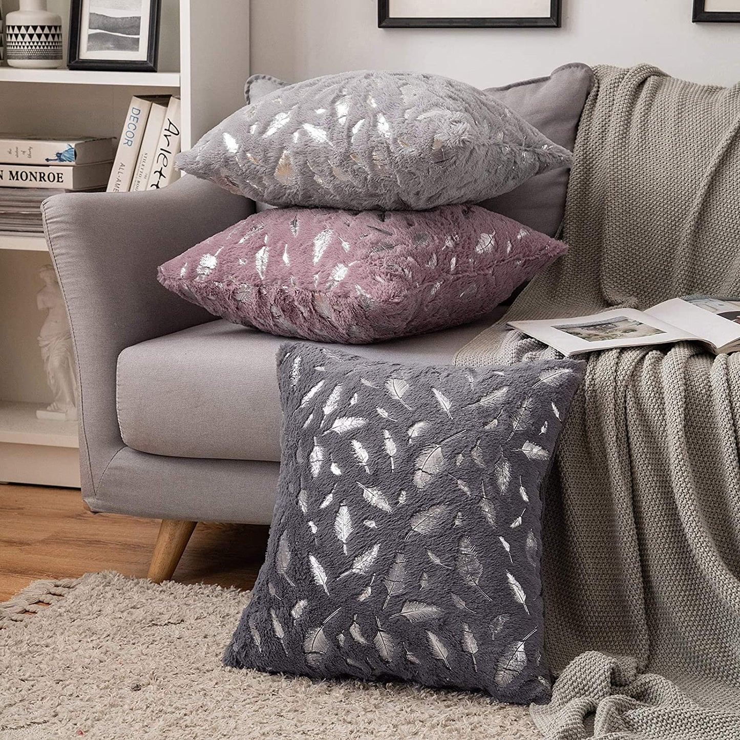2x Square Throw Pillows Decorative Faux Fur Silver Feathers Silver Leaves Cushion Cases Soft Fluffy(Inserts + Pillow Covers, Dove)