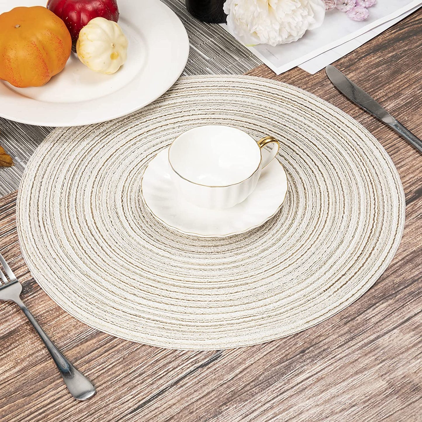 Round Placemats Set of 4/6/8 for Dining Tables 14 inch Cotton Braided Placemats Washable Reversible for Kitchen Holiday Party(Ivory）