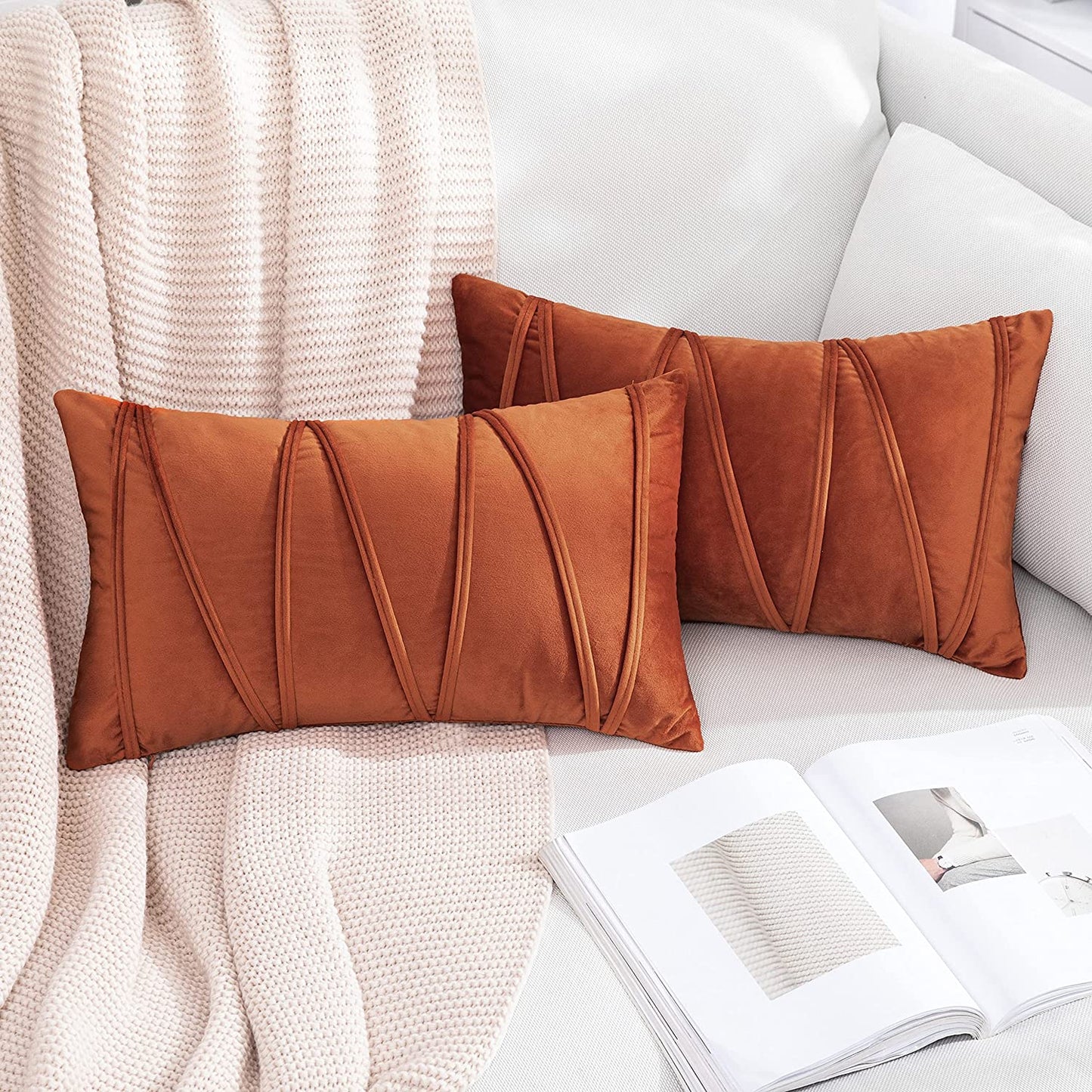 2x Velvet Throw Pillows for Couch Bed Sofa (Inserts + Pillow Covers,  Orange)