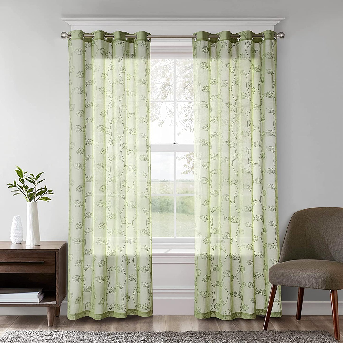 2 Pieces Green Sheer Curtains, Embroidered Semi Sheer Grommet Floral Leaf Window Curtains & Drapes for Living Room Kitchen Bedroom Curtains