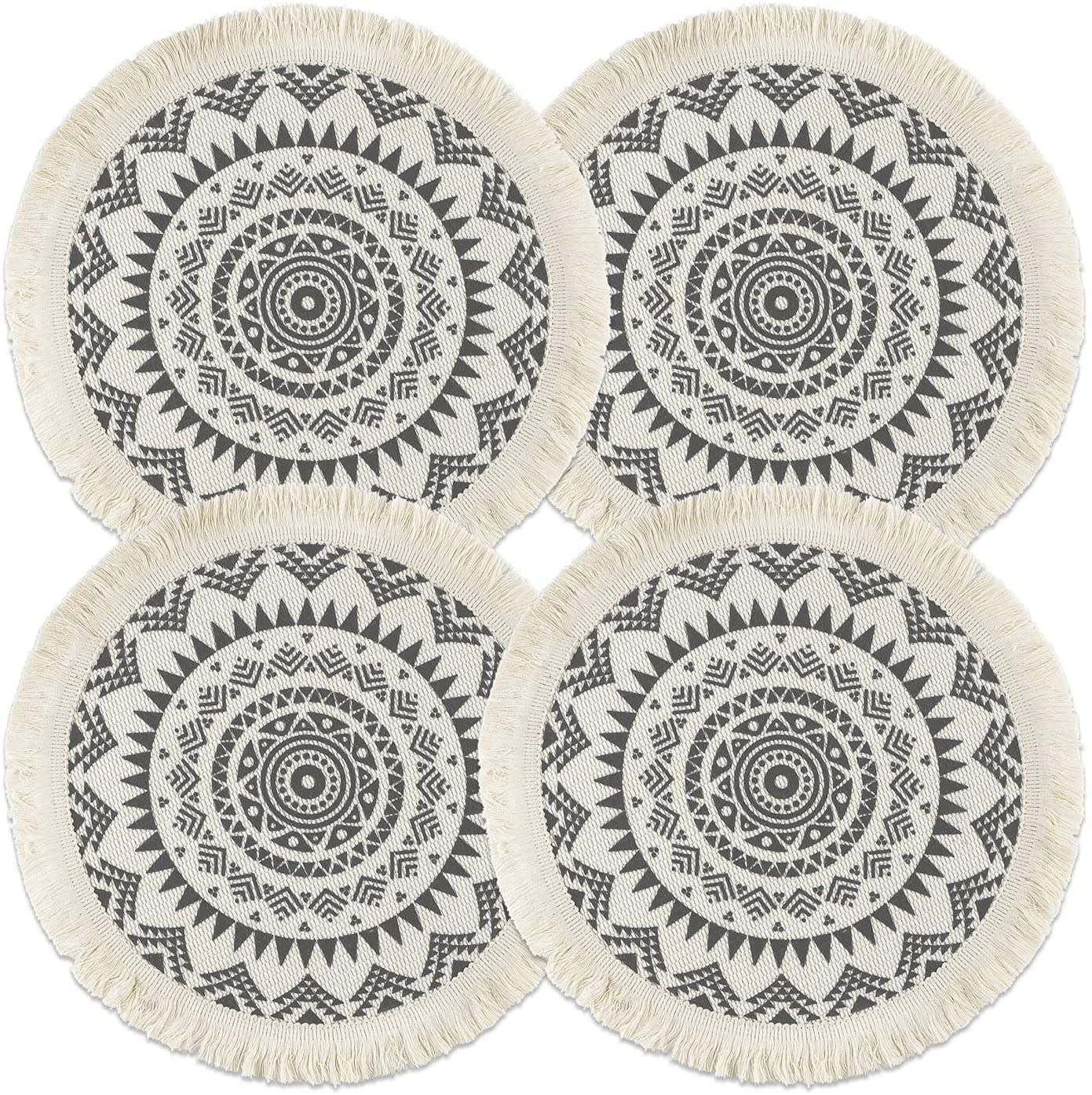 Round Placemats Set of 4/6/8, Boho Cotton Woven Macrame Tassels Table Mats Washable Heat Resistant Neutral Place Mat  (15 Inches,Dark Grey)