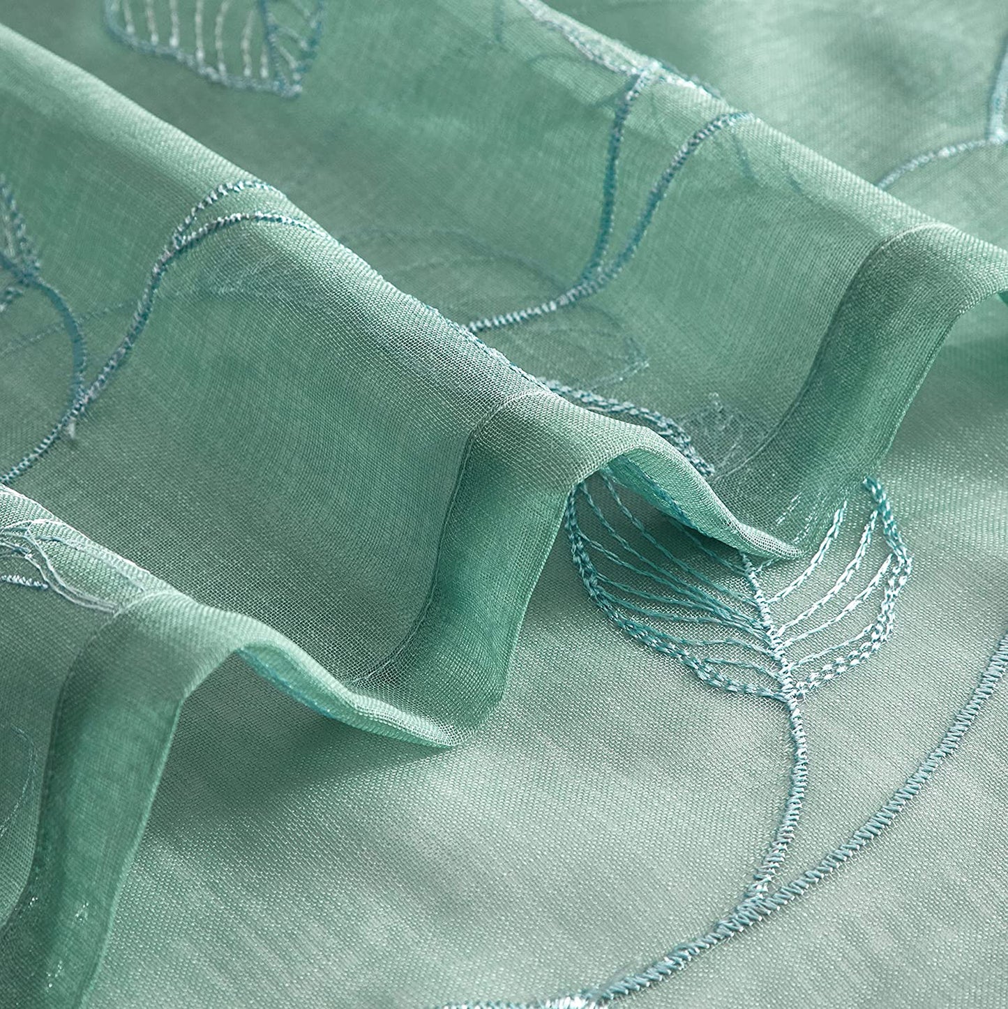 2 Pieces Tuequoise Blue Sheer Curtains, Embroidered Semi Sheer Grommet Floral Leaf Window Curtains & Drapes for Living Room Kitchen Bedroom Curtains