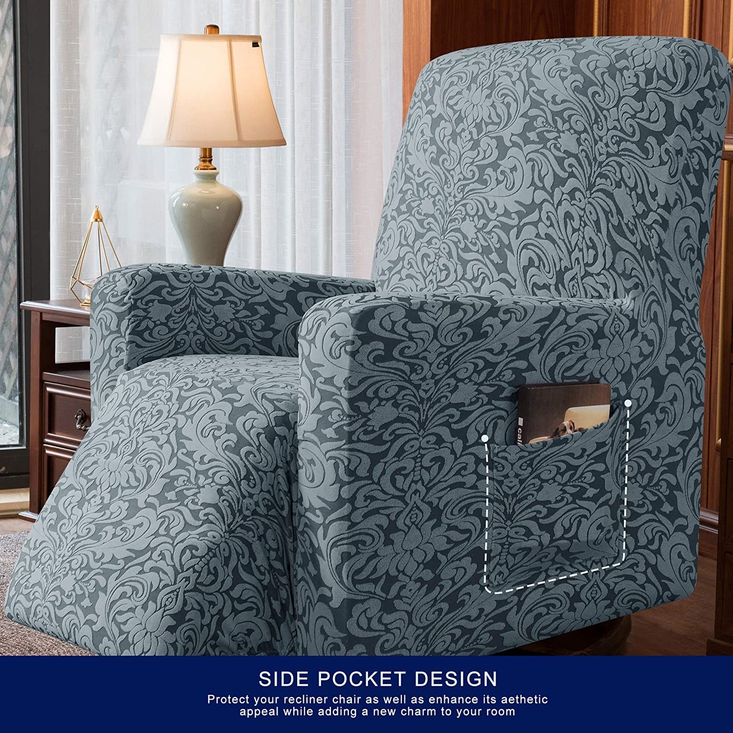 Stretch Rocking Recliner Silpcover with Side Pocket,  Grayish Green