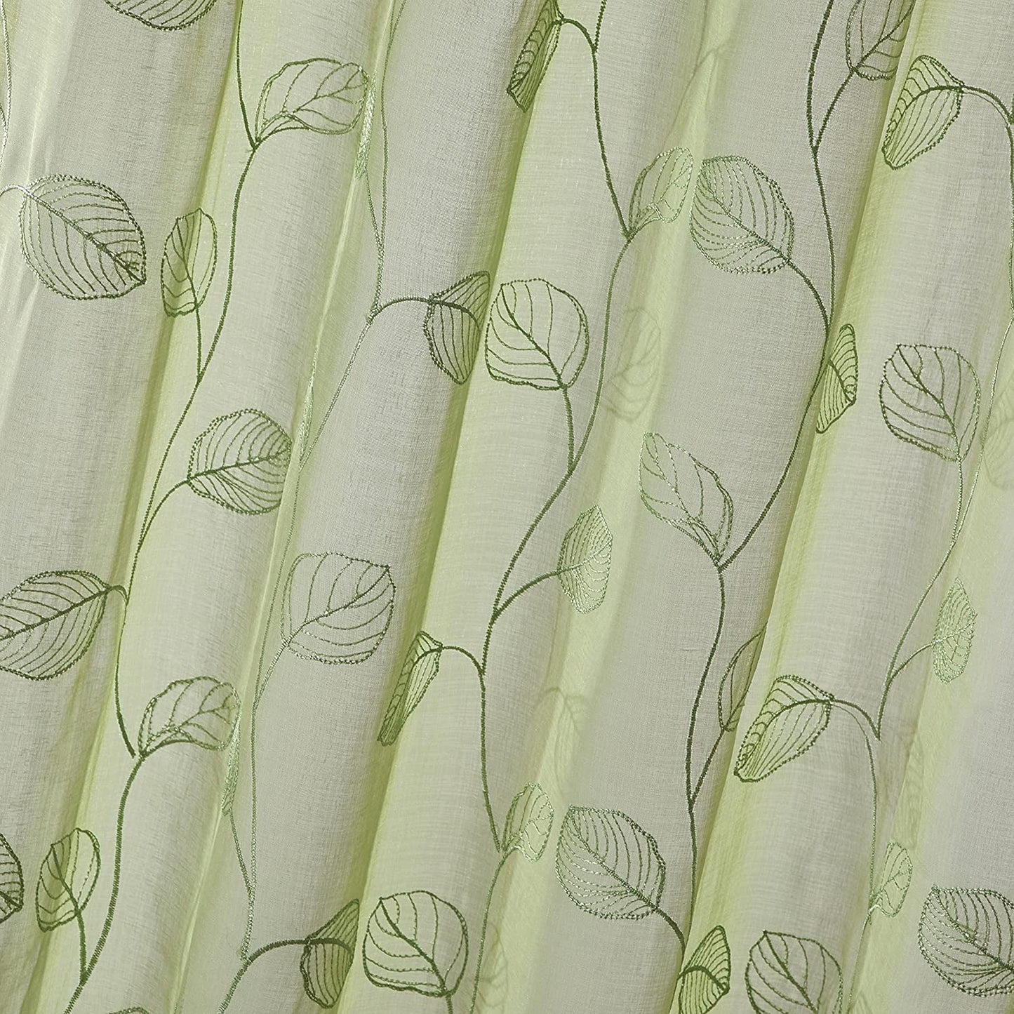 2 Pieces Green Sheer Curtains, Embroidered Semi Sheer Grommet Floral Leaf Window Curtains & Drapes for Living Room Kitchen Bedroom Curtains