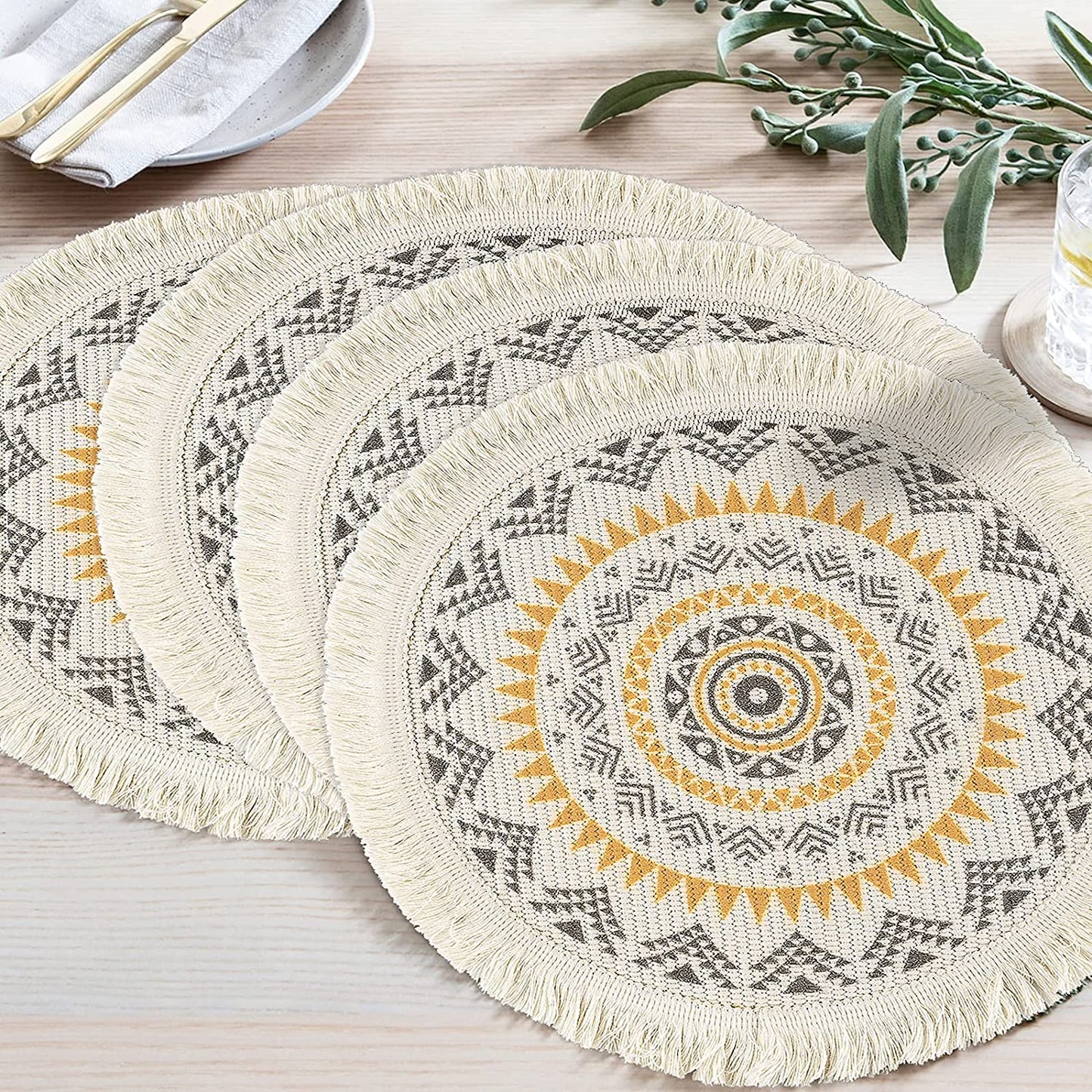 Round Placemats Set of 4/6/8, Boho Cotton Woven Macrame Tassels Table Mats Washable Heat Resistant Neutral Place Mat  (13 Inches,Yellow&brown)