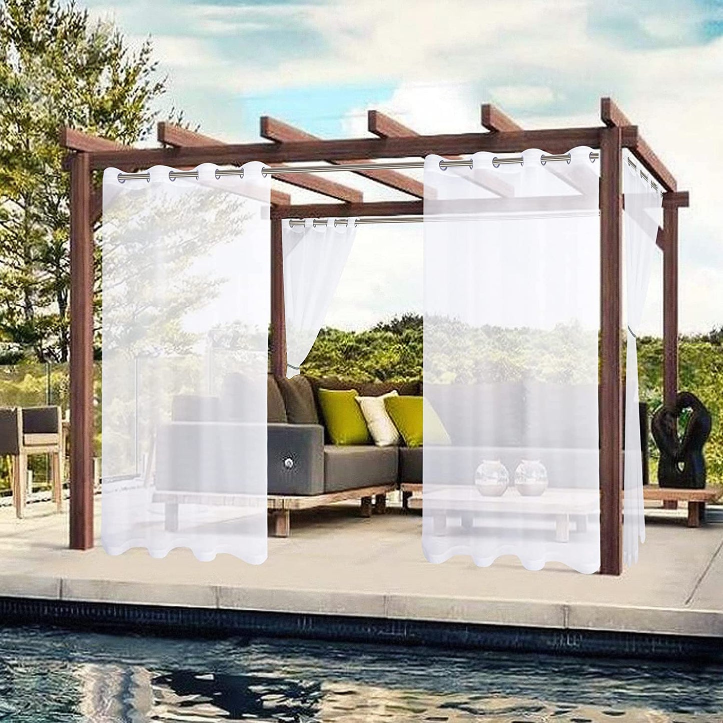 White Outdoor Sheer Curtains for Patio Waterproof - 2 Panels Grommet Indoor Voile Sheer Curtain for Living Room, Bedroom, Porch, Pergola, Cabana,White