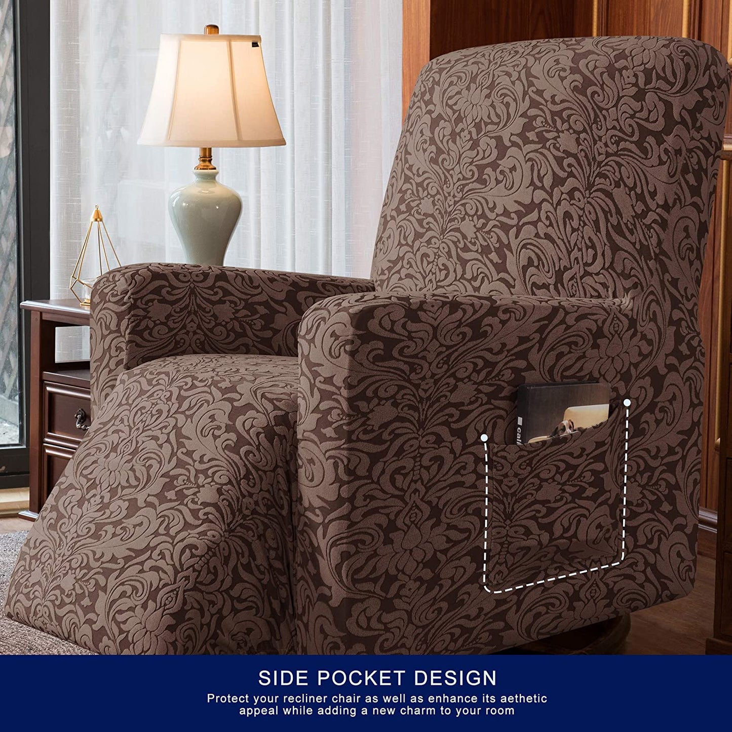 Stretch Rocking Recliner Silpcover with Side Pocket, Brown