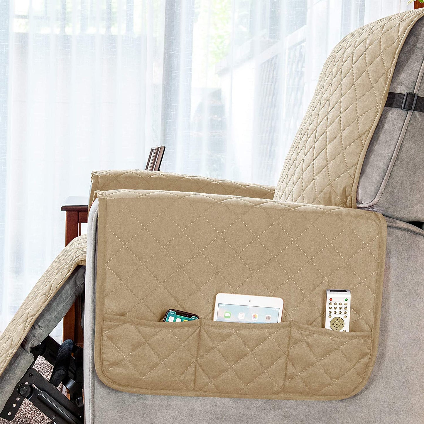 Recliner Chair Covers Fitted Recliner Sofa Slipcovers Reversible Washable Recliner Chair Protector with Elastic Adjustable Strap, Khaki/White