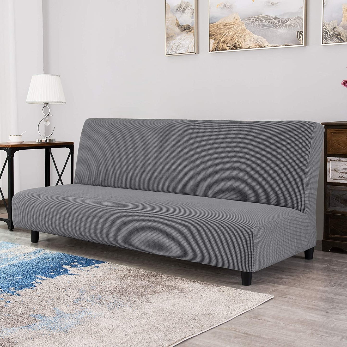 Stretch Armless Sofa Slipcover Futon Cover with Elastic Bottom, Grey