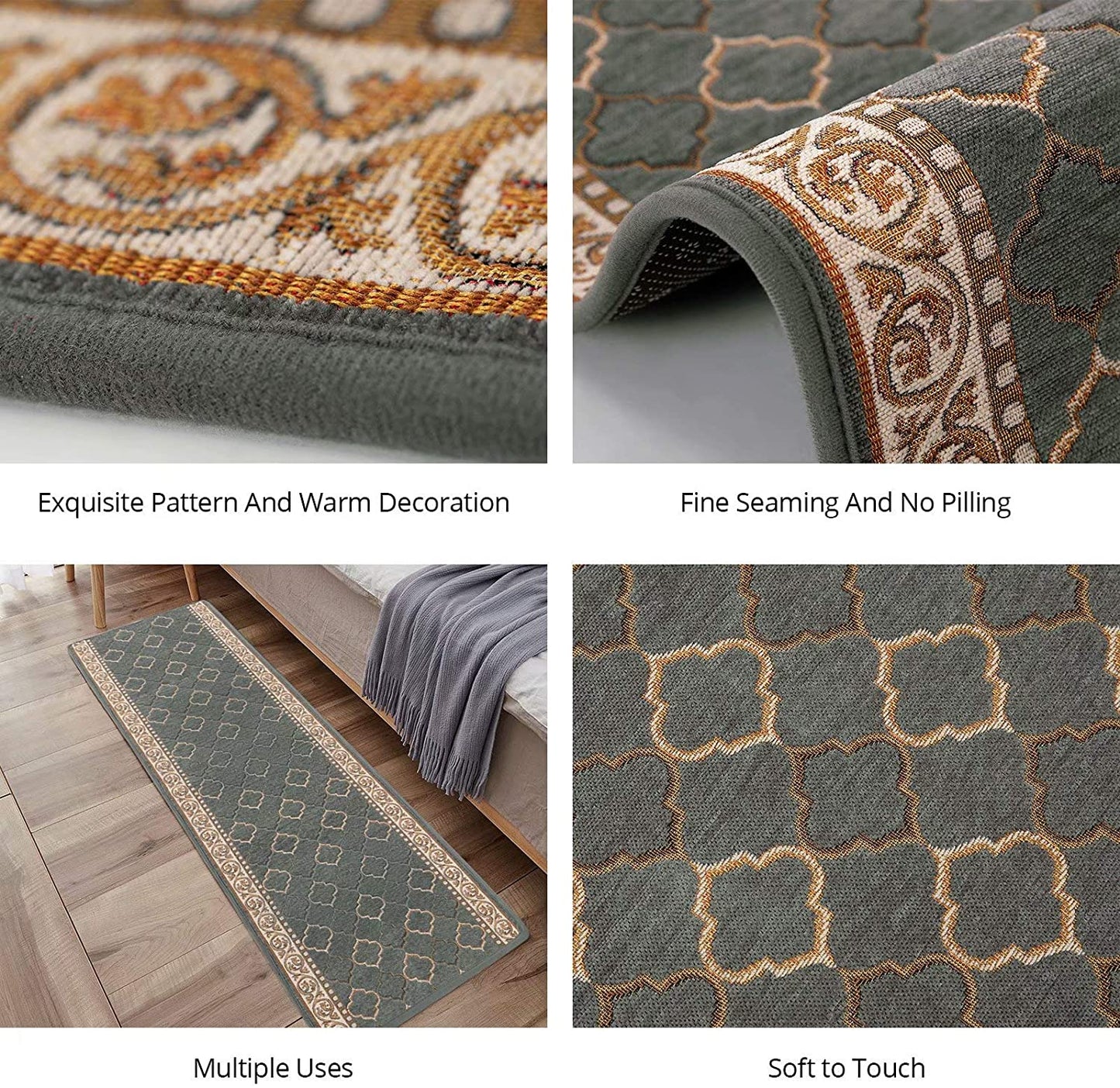 Kitchen Rugs 2 Piece Non Slip Soft Boho Embroidered Rug Runner, Grey