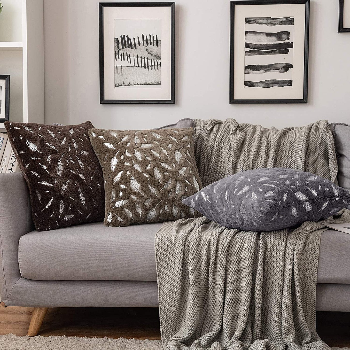 2x Square Throw Pillows Decorative Faux Fur Silver Feathers Silver Leaves Cushion Cases Soft Fluffy(Inserts + Pillow Covers, Coffee)