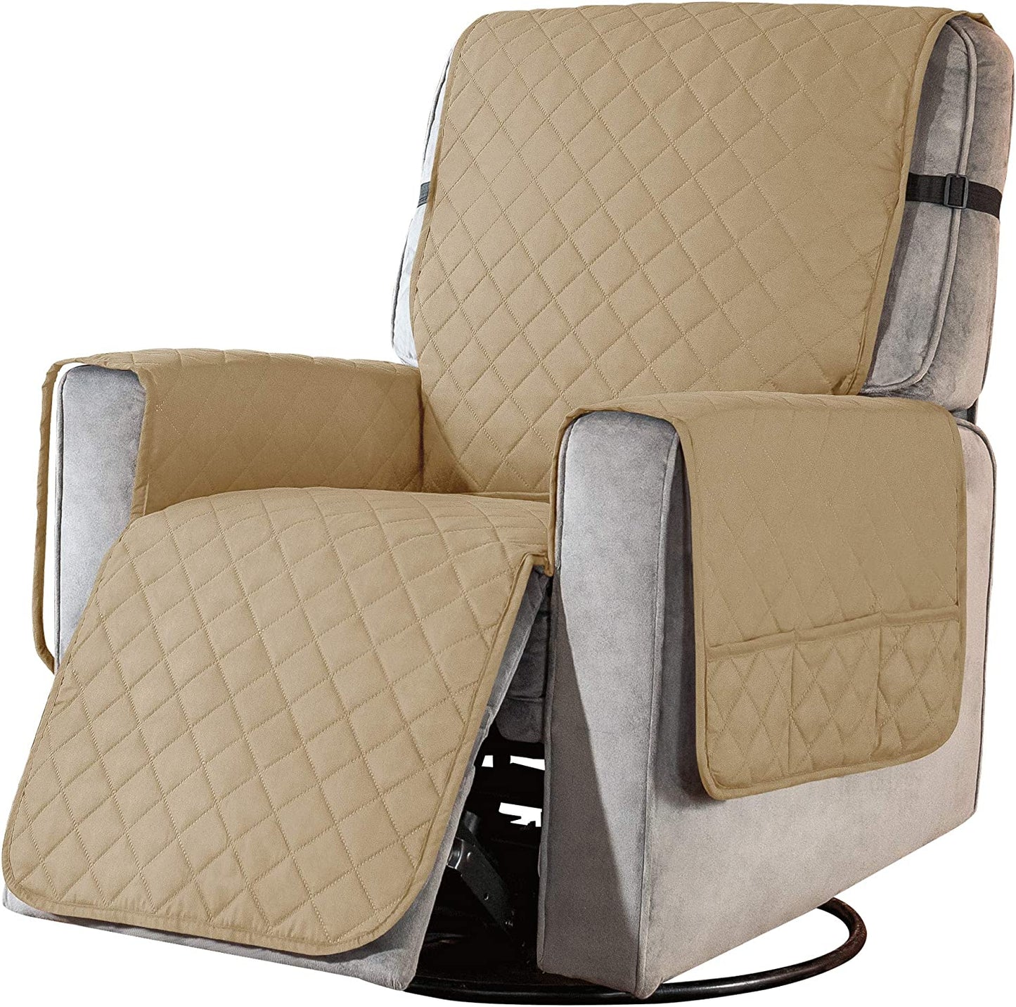 Recliner Chair Covers Fitted Recliner Sofa Slipcovers Reversible Washable Recliner Chair Protector with Elastic Adjustable Strap, Khaki/White