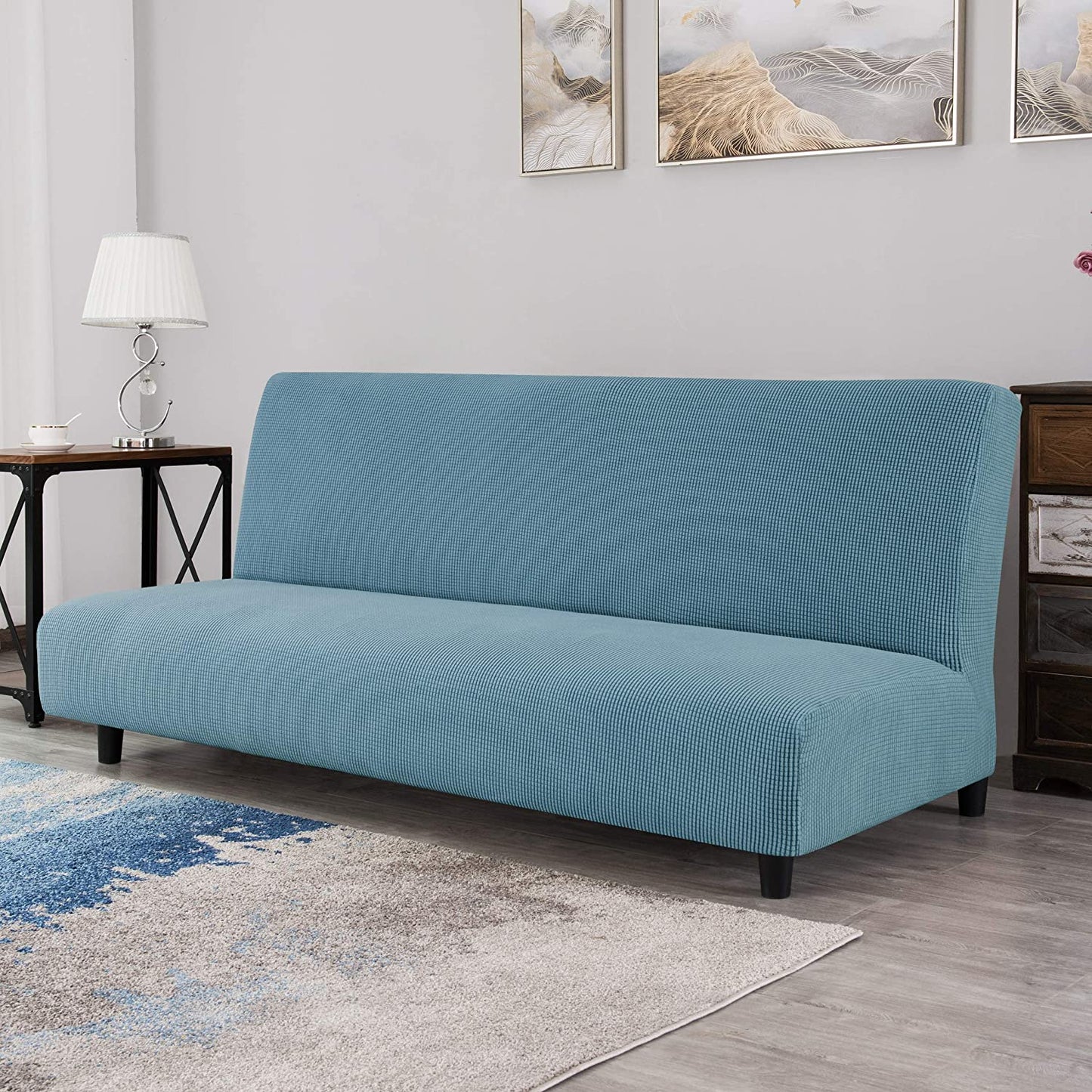 Stretch Armless Sofa Slipcover Futon Cover with Elastic Bottom, Smoky Blue