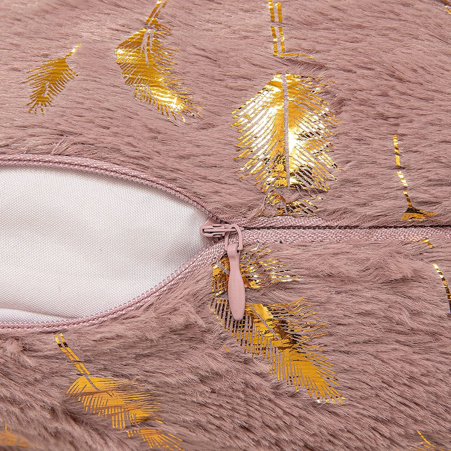 2x Square Throw Pillows Decorative Faux Fur Gold Feathers Gilding Leaves Cushion Cases Soft Fluffy(Inserts + Pillow Covers,Heather Pink)