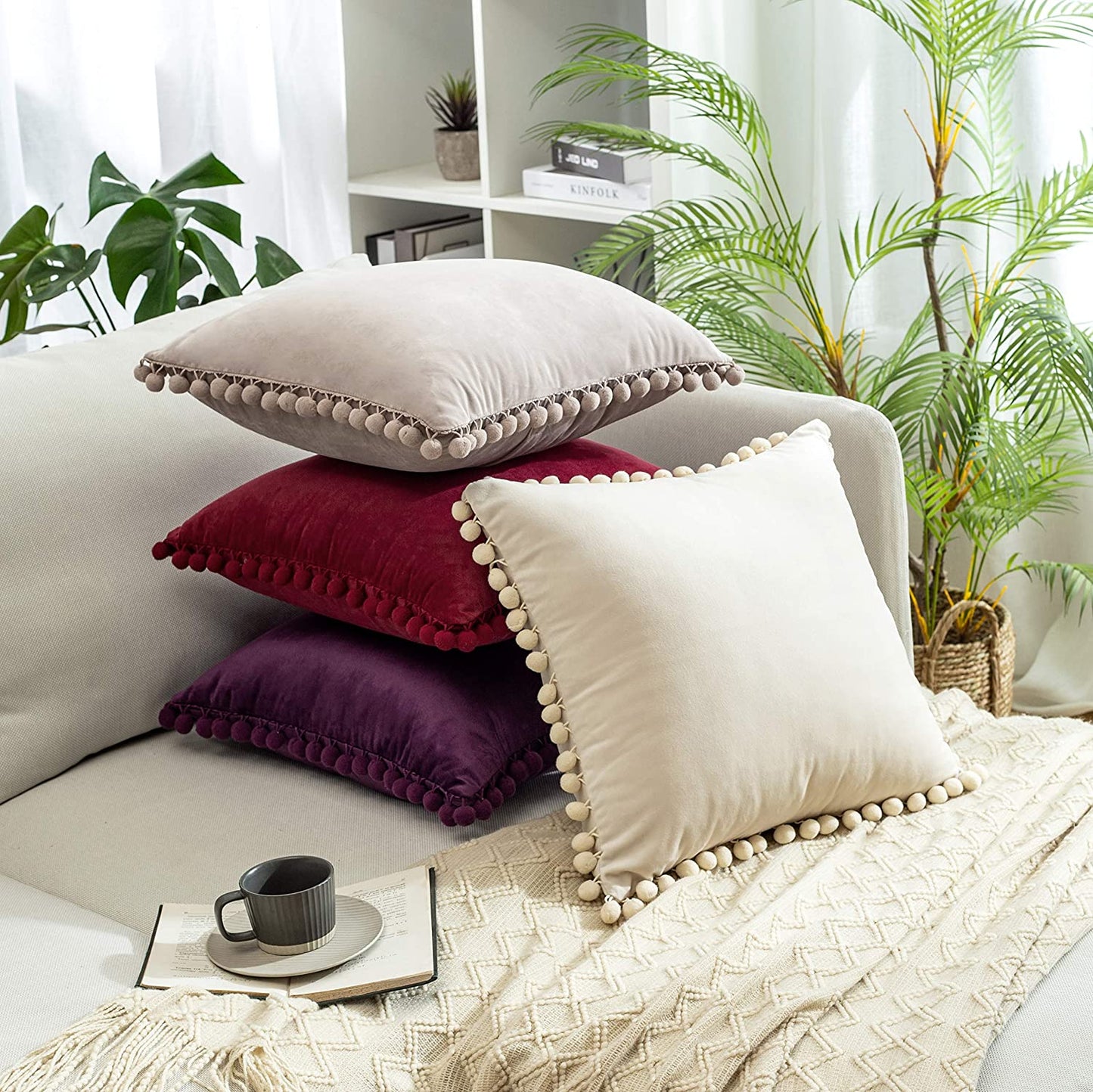 2x  Square Throw Pillows with Cute Pom-poms (Inserts + Pillow Covers, Pink Mix Grey)