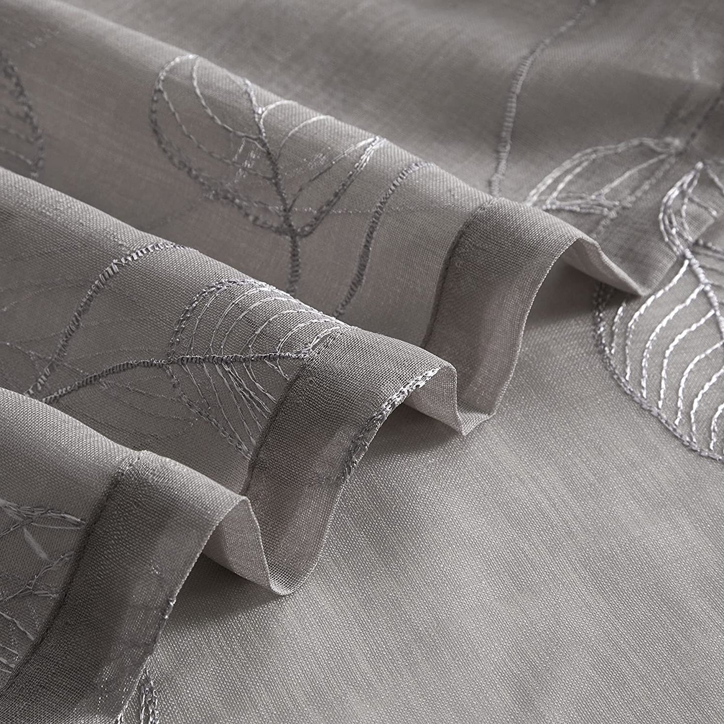 2 Pieces Grey Sheer Curtains , Embroidered Semi Sheer Grommet Floral Leaf Window Curtains & Drapes for Living Room Kitchen Bedroom Curtains