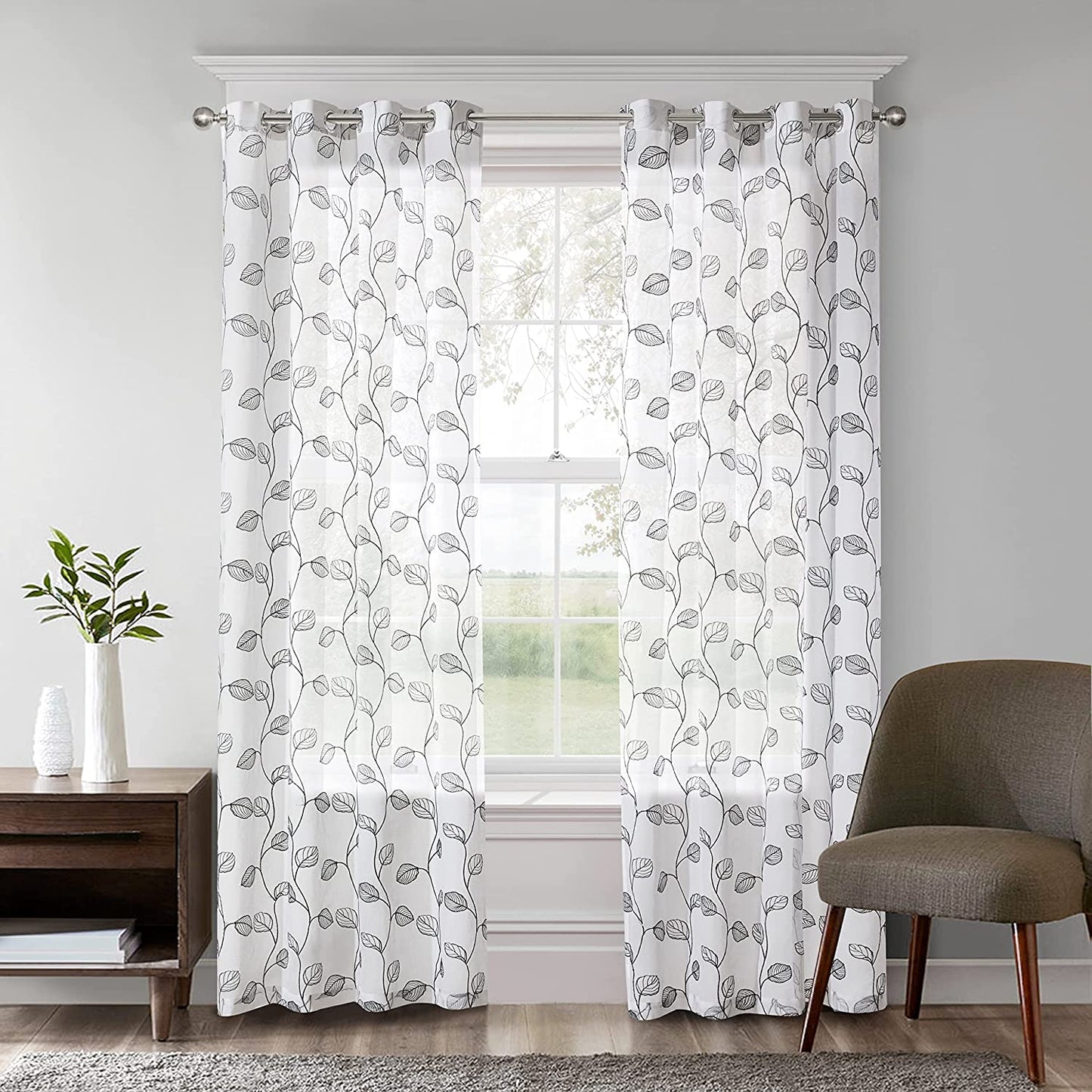 2 Pieces White Sheer Curtains, Embroidered Semi Sheer Grommet Floral Leaf Window Curtains & Drapes for Living Room Kitchen Bedroom Curtains